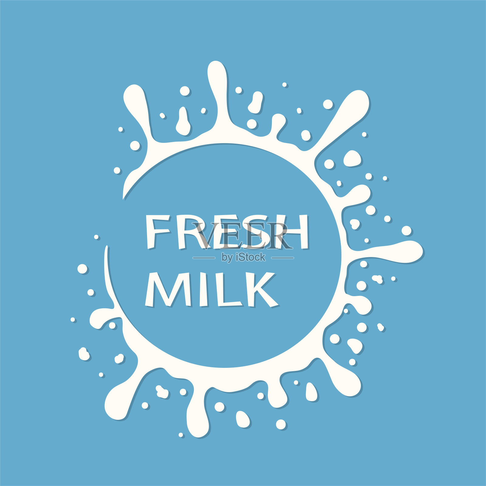 牛奶徽章和乳品标签与飞溅和斑点的设计。矢量牛奶染色和滴霜，股票插图插画图片素材