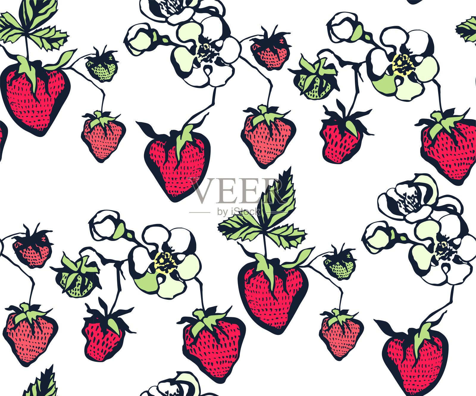 无缝花卉图案与野生草莓观赏装饰背景。矢量模式。印刷纺织品，布料，墙纸，剪贴簿插画图片素材