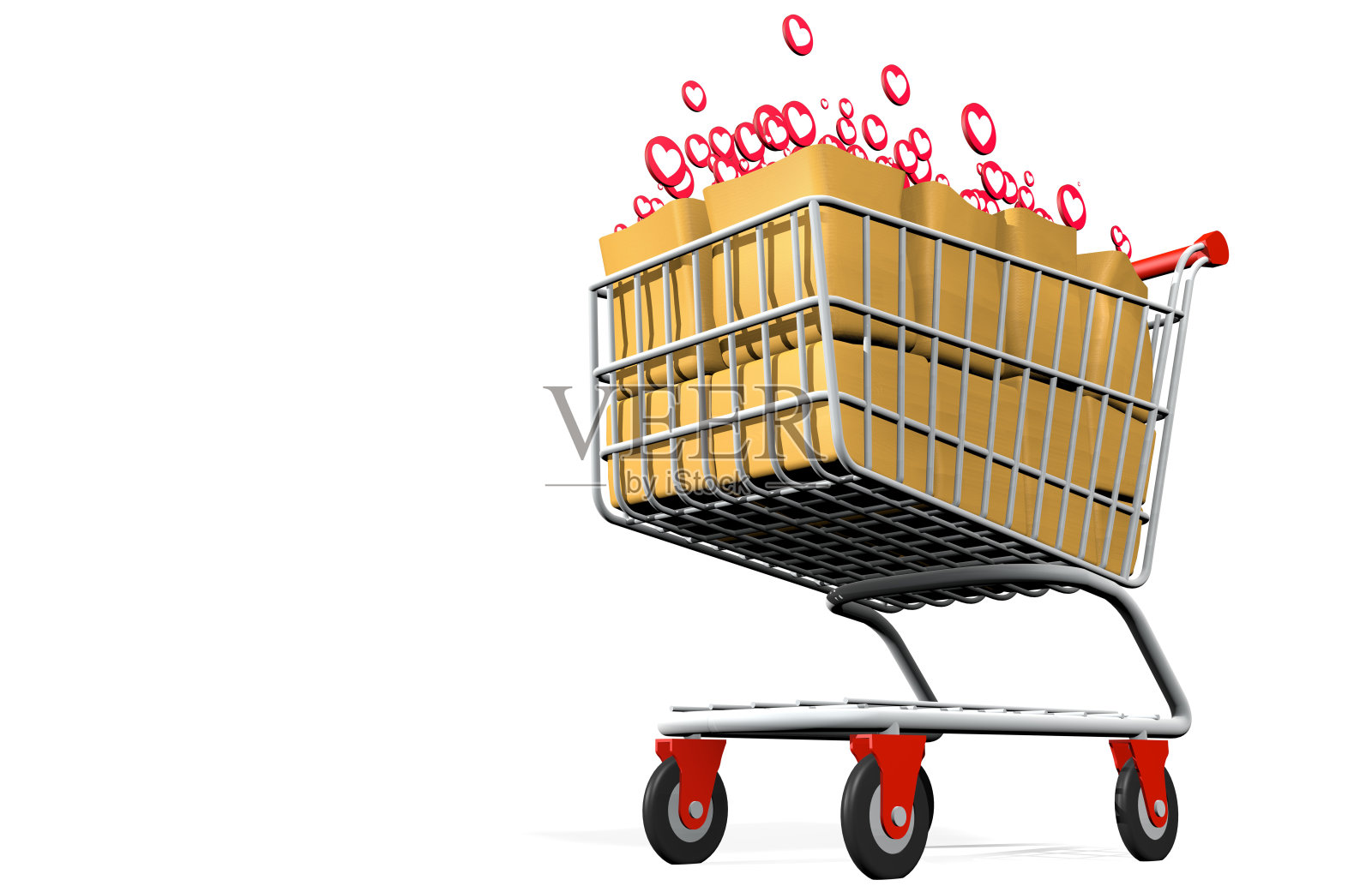 正面视图从下面的购物车装满了我爱的白色背景上的圆形图标的纸袋- 3D插图照片摄影图片