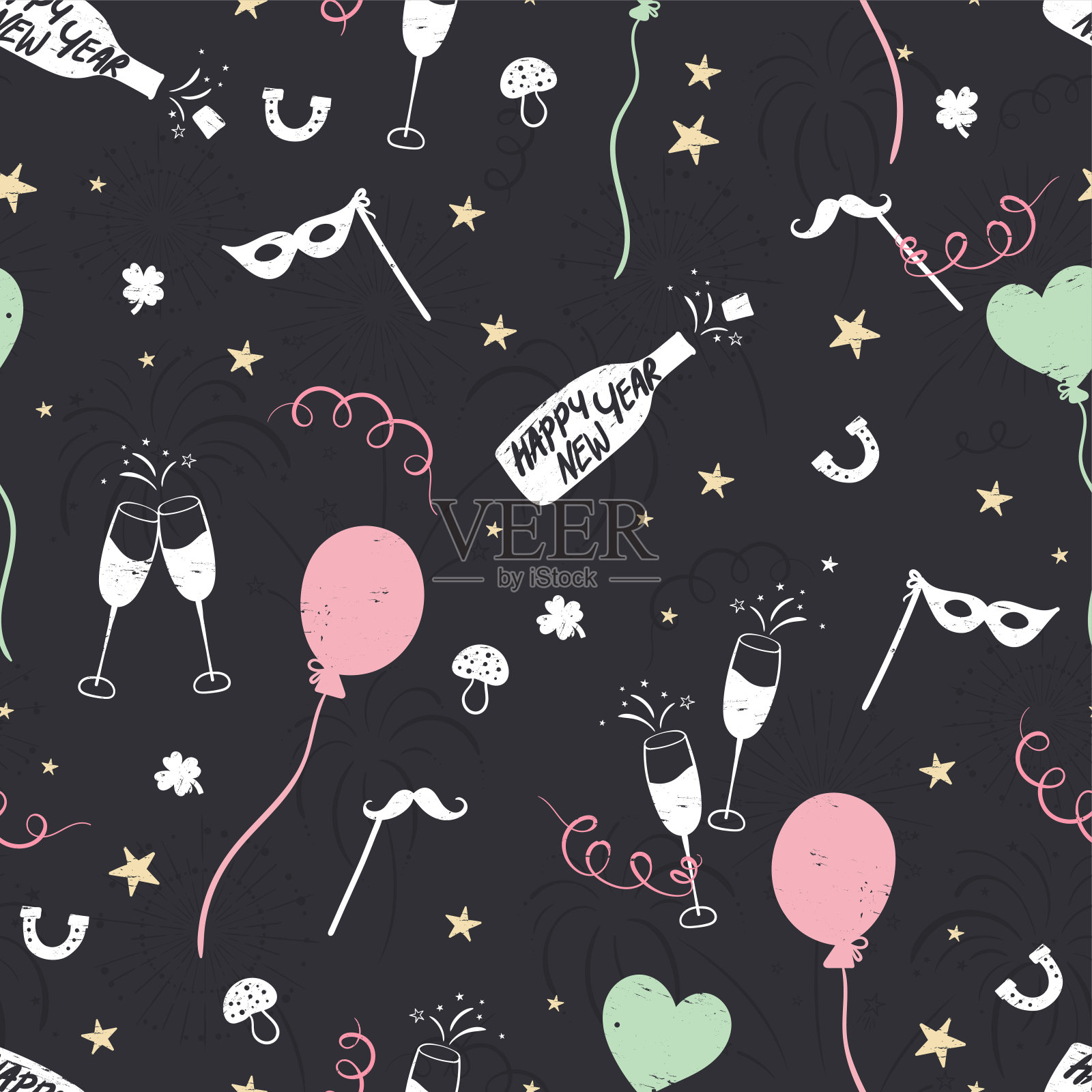 有趣的手绘新年派对无缝模式-烟花，纸横幅，鸡尾酒和火箭涂鸦，伟大的横幅，壁纸，纺织品，包装-矢量设计插画图片素材