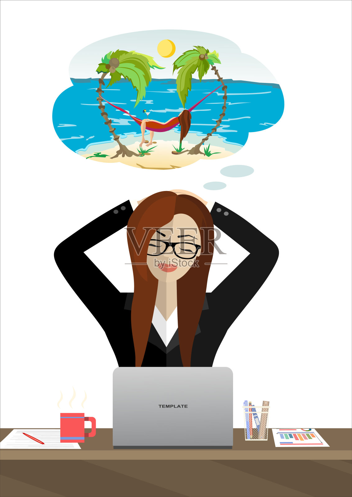 女商人梦想在海滩度假插画图片素材