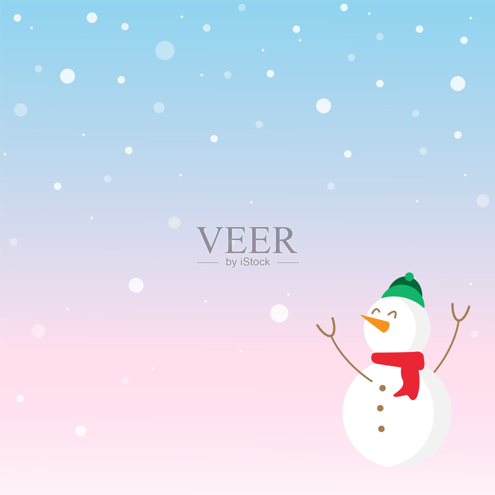 简单绘制雪人卡通矢量插图设计在甜美的浅粉色和蓝色的天空背景。圣诞和冬季快乐的冰人。插画图片素材