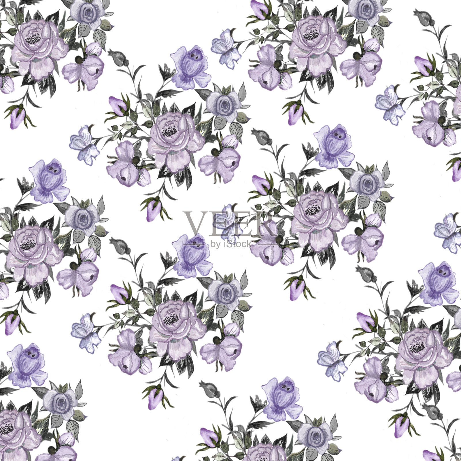 水彩无缝图案绘制可爱的玫瑰在白色的背景。时尚的印花纺织品设计插画图片素材