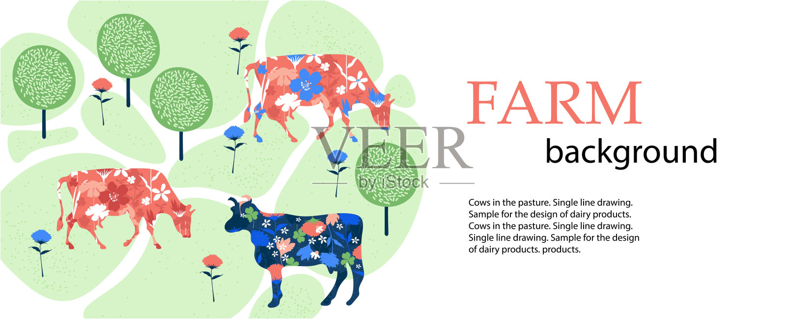 水平的旗帜。农业的背景。牧场上的牛。奶牛和鲜花的剪影。插画图片素材