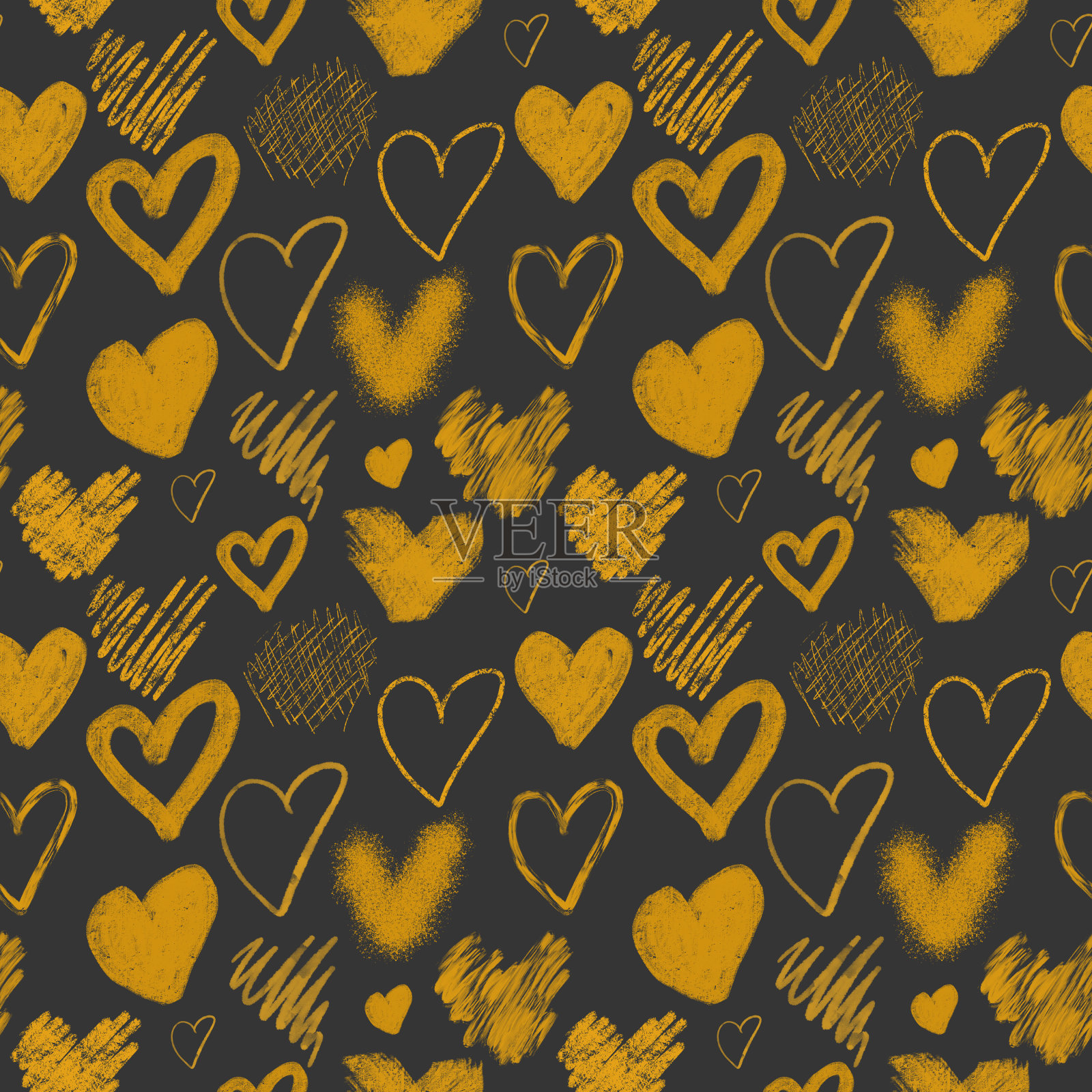 无缝模式与手绘黄金心在黑暗的背景插画图片素材