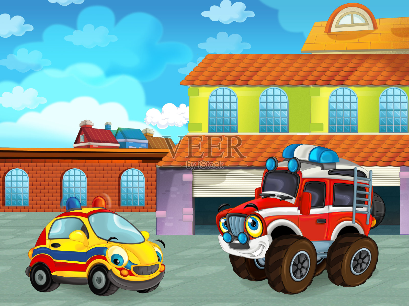 卡通场景与汽车车在道路附近的车库或修理站插画图片素材