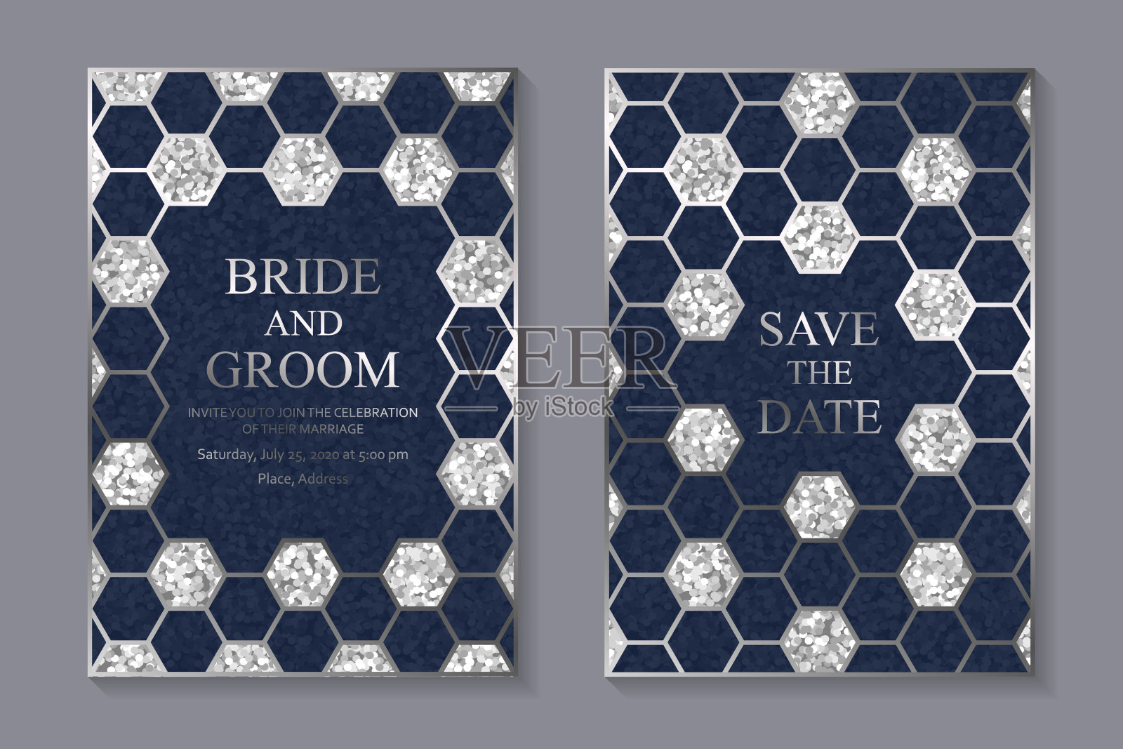 一套现代豪华婚礼邀请设计或名片模板的商务或演示或问候。设计模板素材