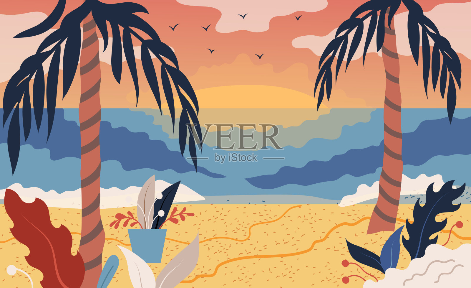 暑假的背景。海边风景海报与手掌。海滩度假胜地墙纸。平的风格。矢量图插画图片素材