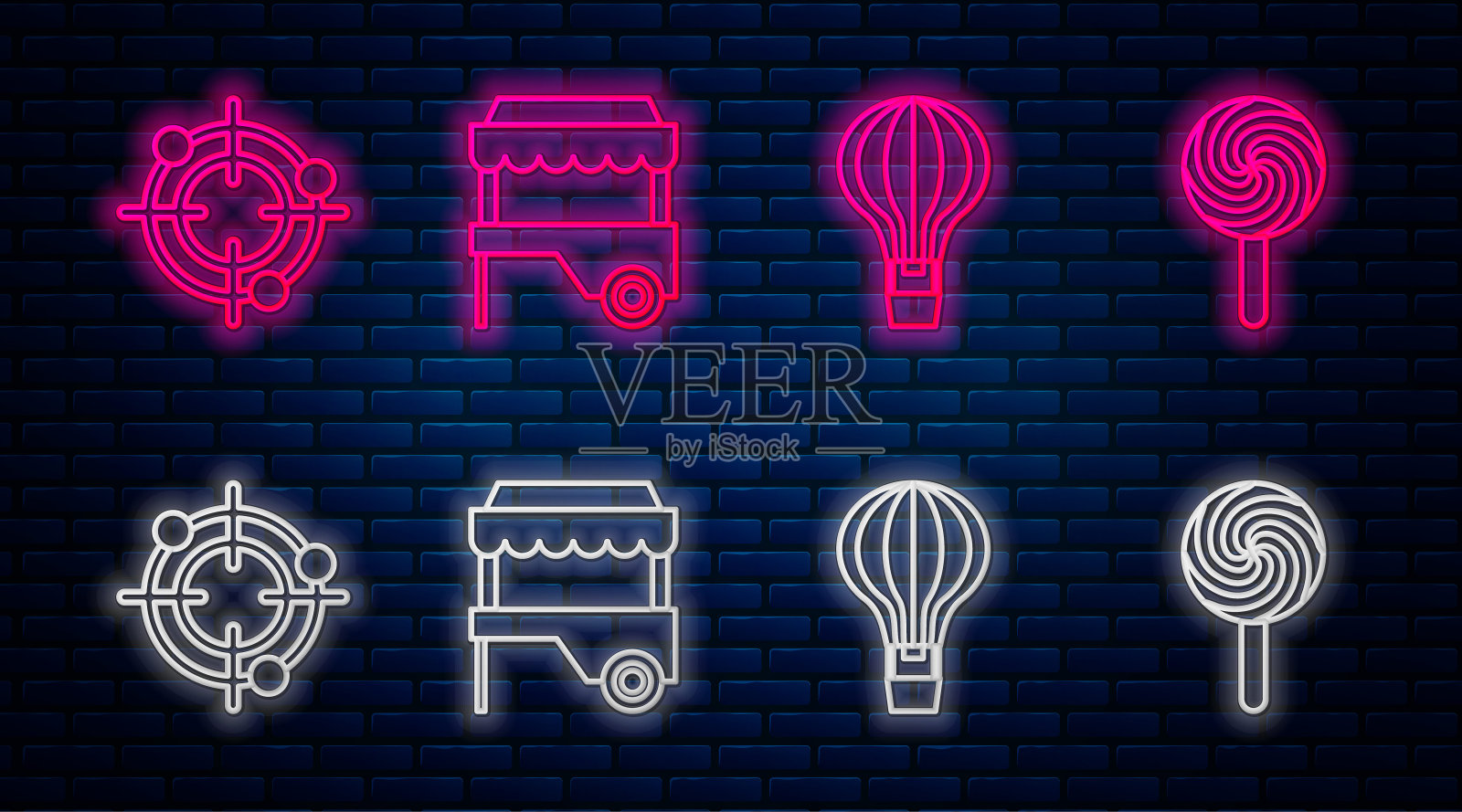 设置有遮阳篷的快餐车、热气球、射击比赛的目标运动、棒棒糖。砖墙上发光的霓虹灯图标。向量插画图片素材