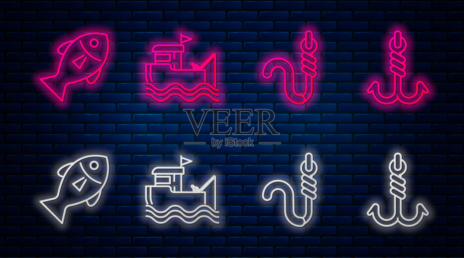 放线有鱼竿在水上的渔船，鱼钩和蠕虫，鱼和鱼钩。砖墙上发光的霓虹灯图标。向量插画图片素材