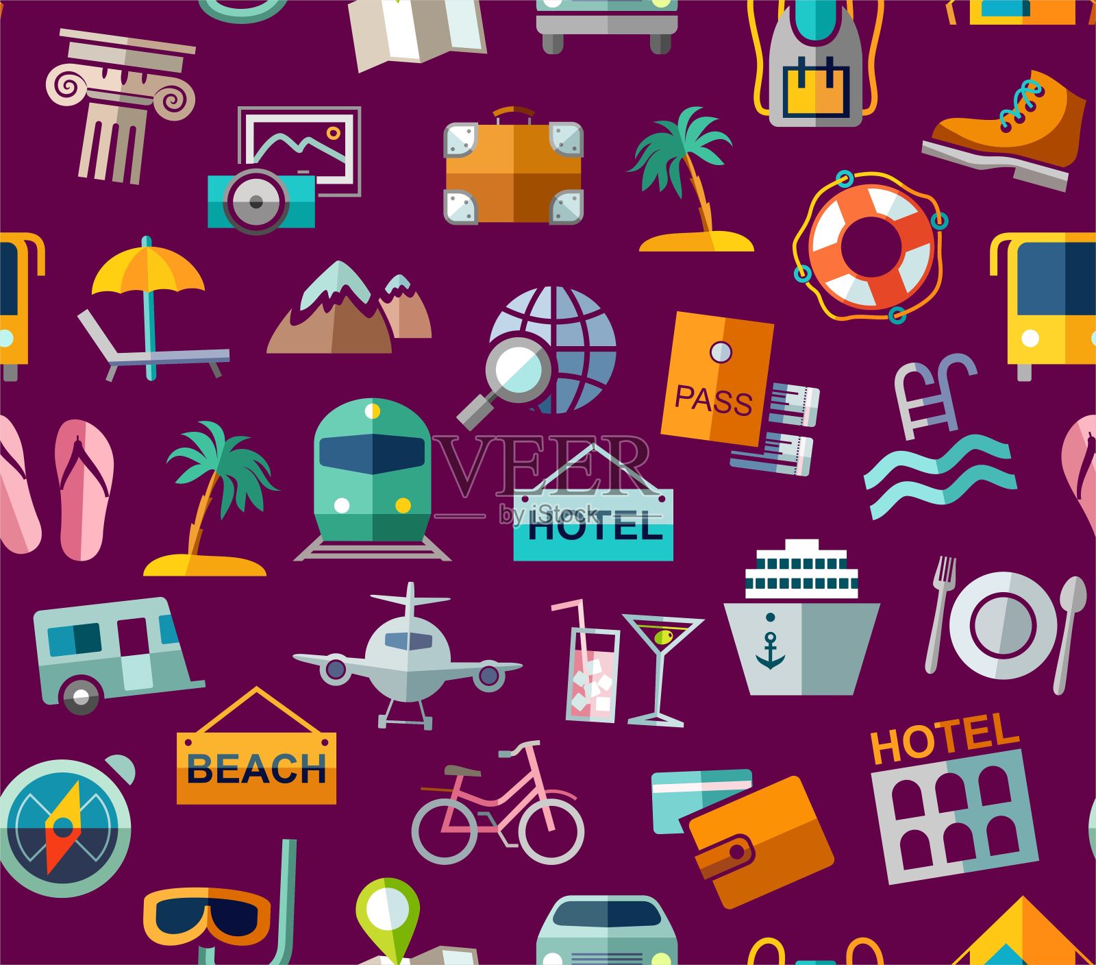 旅游、度假、旅游、休闲，图案无缝，五彩缤纷，紫色。插画图片素材