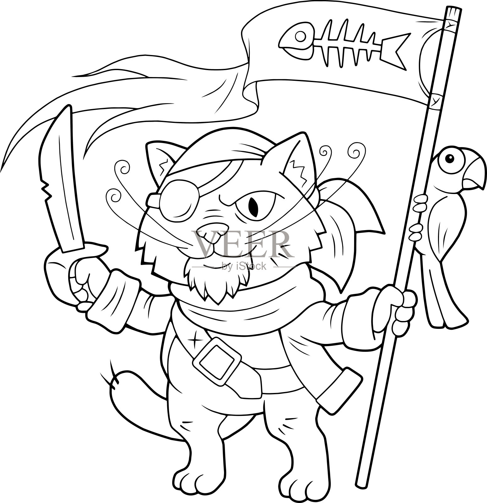 可爱的猫海盗着色书有趣的插图插画图片素材