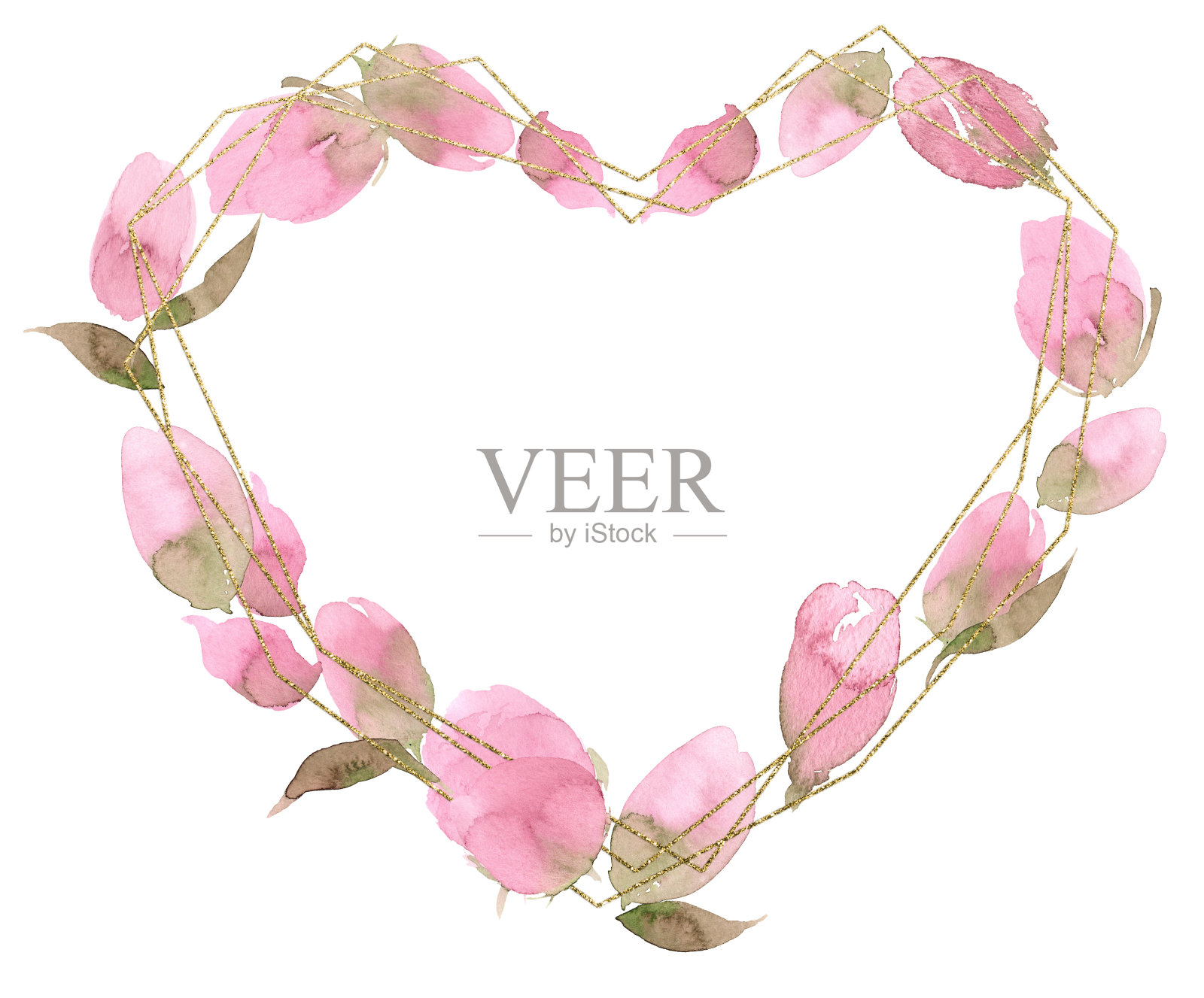 黄金心情人节和婚礼水晶多边形框架与玫瑰牡丹花瓣，叶子和花。心形花环横幅模板节日，邀请，贺卡。春天夏天装饰插画图片素材