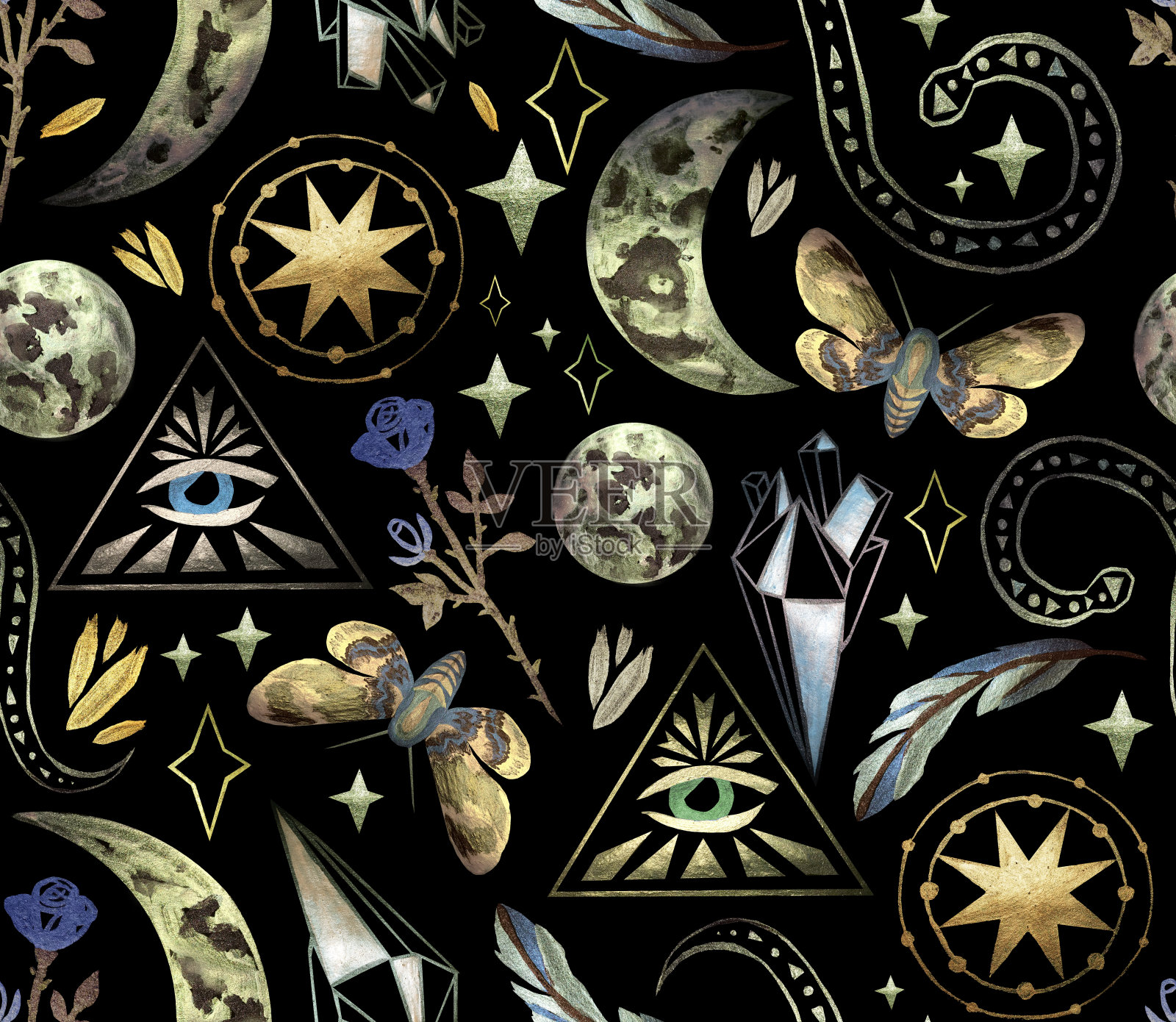 神奇神秘的角色。股票插图与月相，玫瑰，星星，羽毛和夜蝴蝶。无缝模式插画图片素材