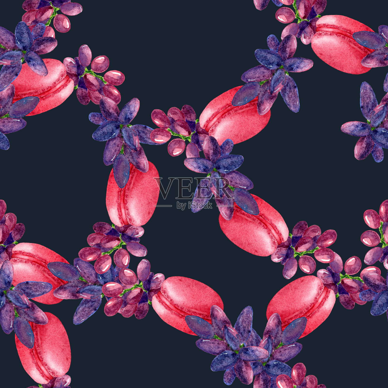 无缝图案与水彩手绘葡萄和马卡龙。适用于背景网页、织物、包装纸等印刷。插画图片素材