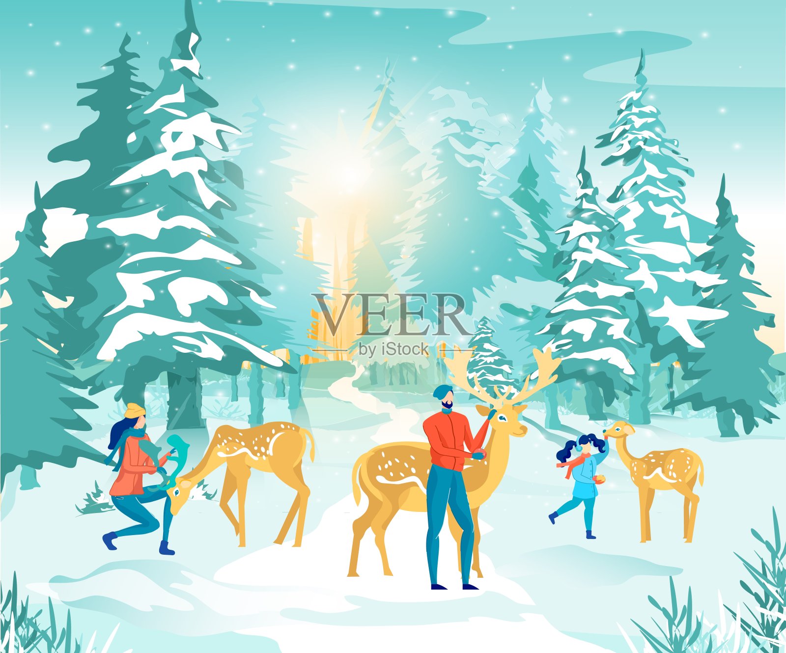 冬季森林保护区：家庭喂食宠物鹿插画图片素材