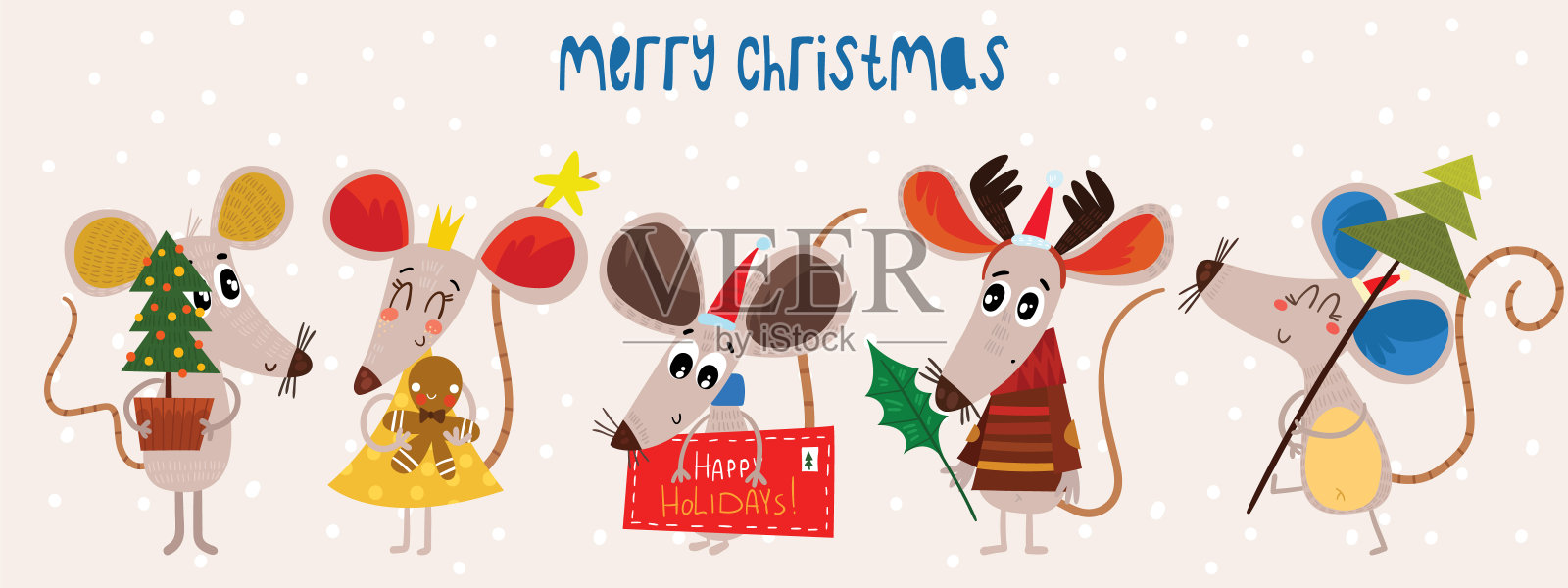 圣诞卡通老鼠收藏。冬季手绘一套可爱的象征2020年。新年老鼠和装饰品。插画图片素材