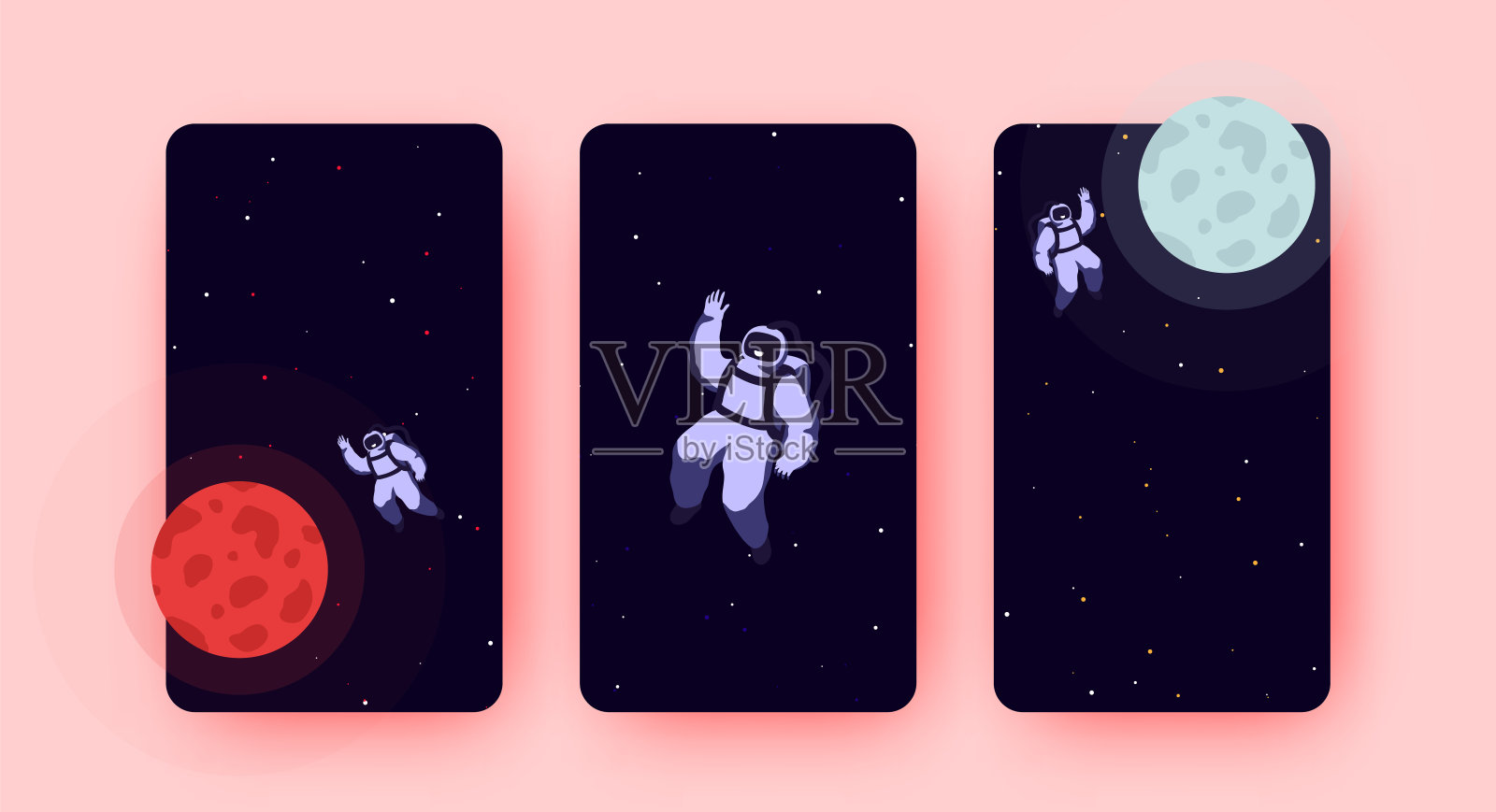 人类到红色星球火星和月球旅行，宇航员接近火星的海报。夜晚的背景空间与明亮的星星在远处。未来主义的旗帜，人类正在探索宇宙插画图片素材