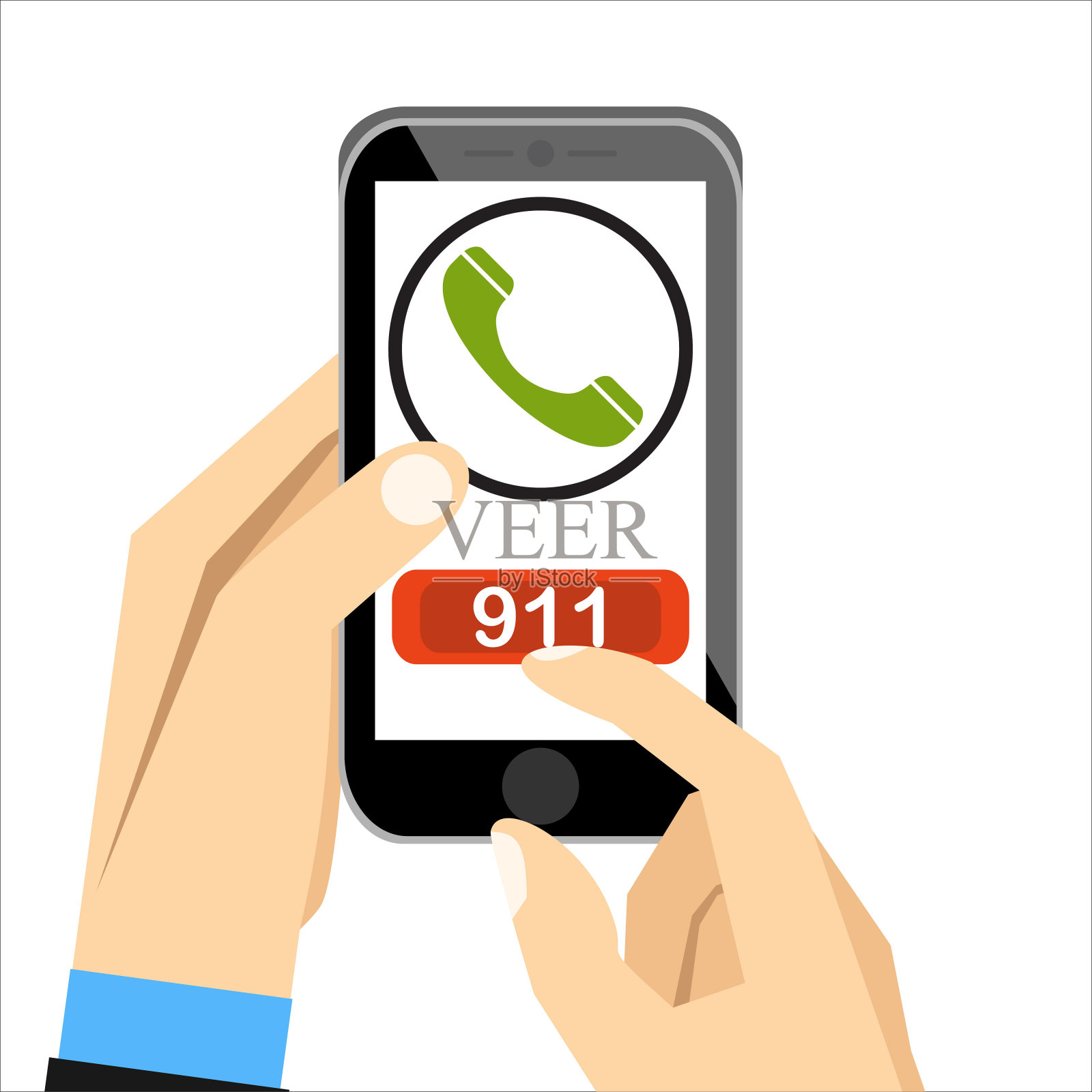 手持手机，屏幕上显示紧急号码911。平面向量插图。插画图片素材