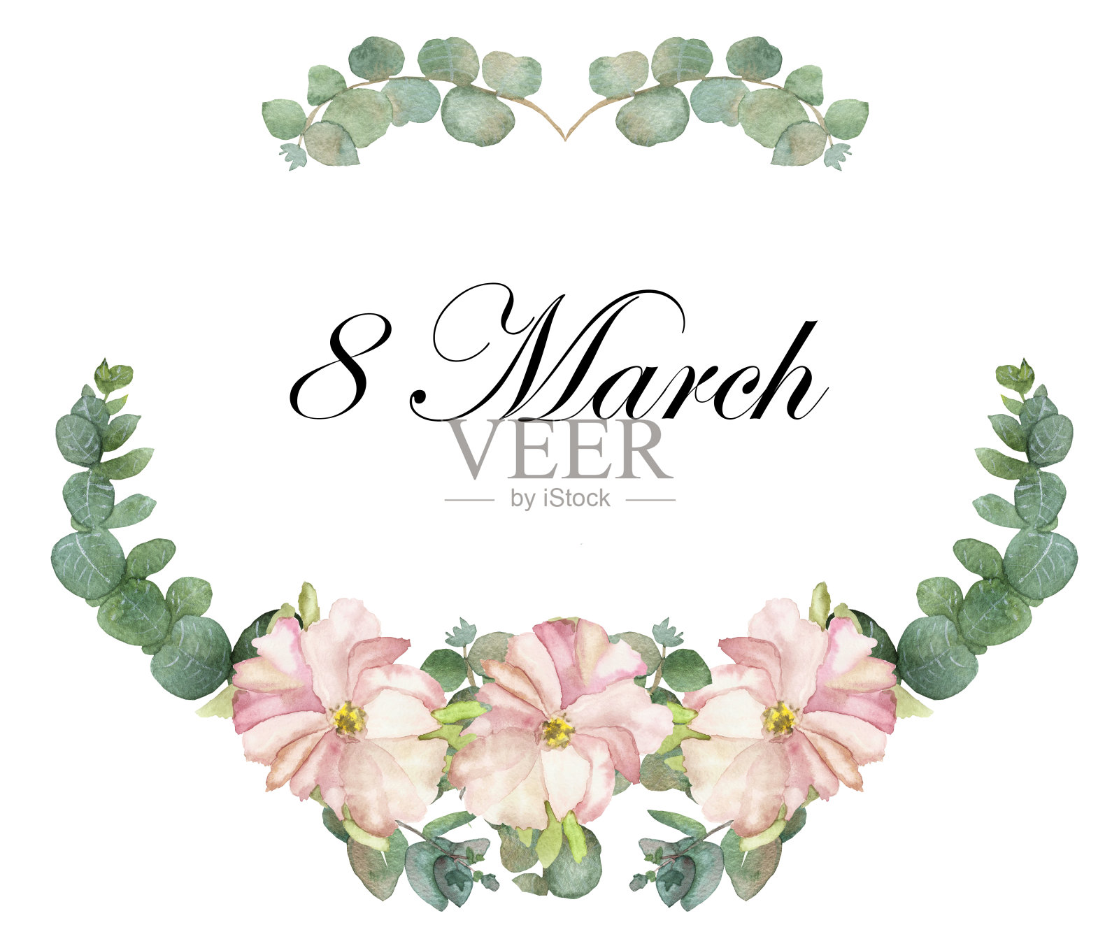 水彩手绘自然浪漫的花卉构图框，以粉红色的牡丹花和绿色的桉树叶树枝在白色的背景为3月8日妇女节节日庆祝卡插画图片素材