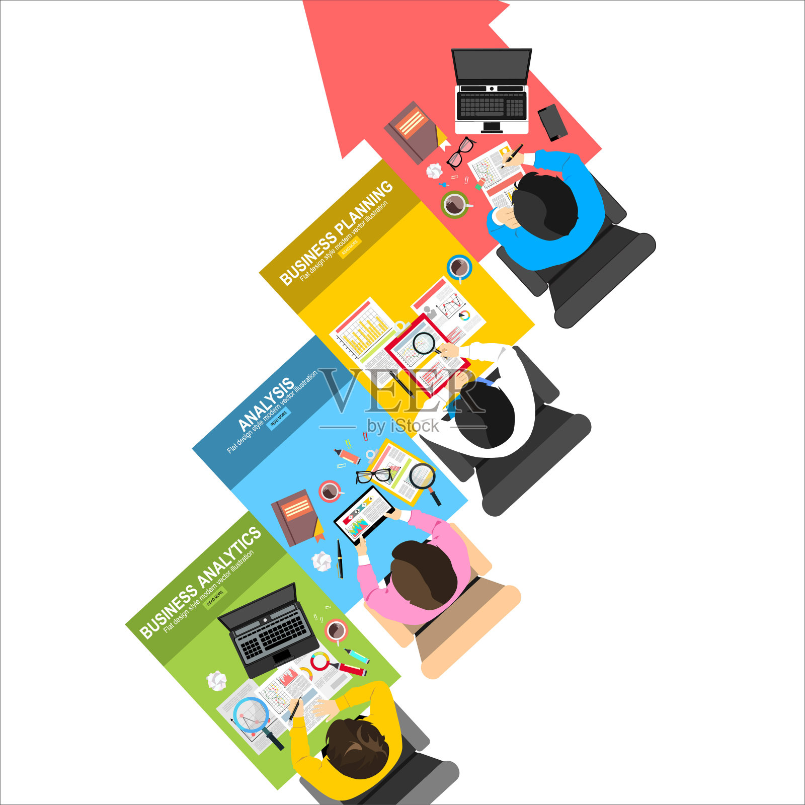 平面设计插图概念的业务分析和规划，咨询，团队工作，项目管理，财务报告和战略。概念网横幅和印刷材料。插画图片素材