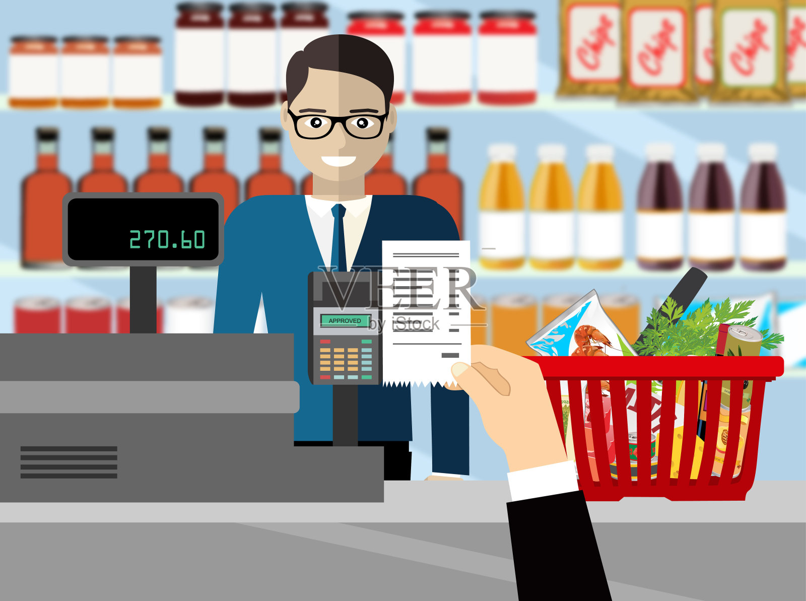 超市内部。出纳柜台工作场所。拿收据。装食物和饮料的篮子。货架上的产品。收银机，pos机和键盘。平面风格的插图插画图片素材