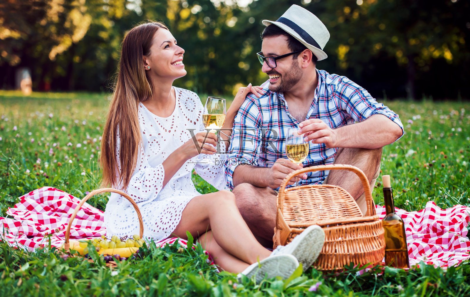 一对情侣在公园里享受野餐。爱与温柔，约会，浪漫，生活理念照片摄影图片