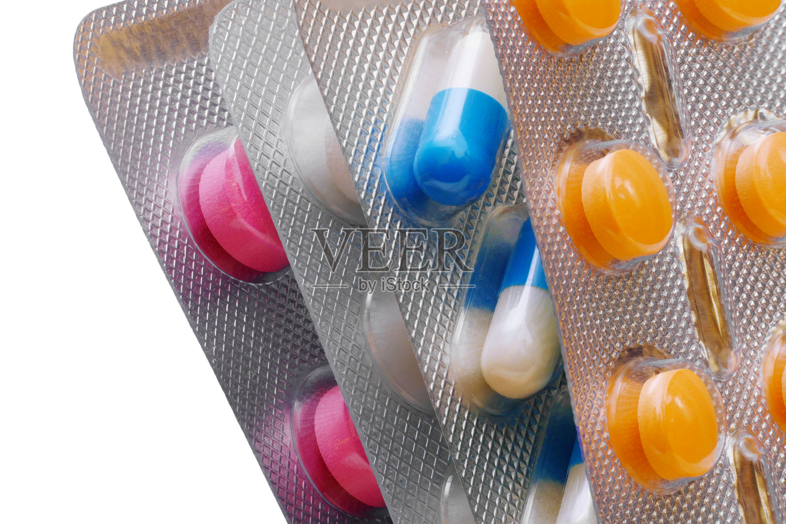 吸塑包装中各种药丸的宏观，全景深的视野照片摄影图片