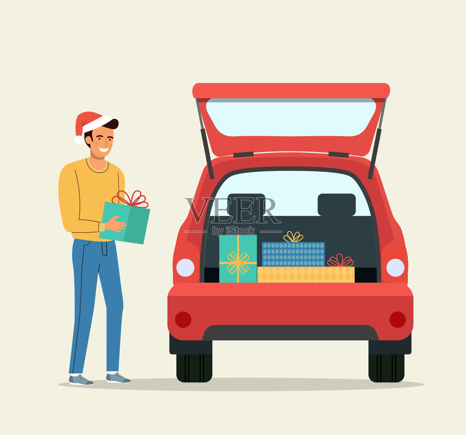 在汽车后备箱旁边放着礼品盒的人。矢量平面样式插图插画图片素材