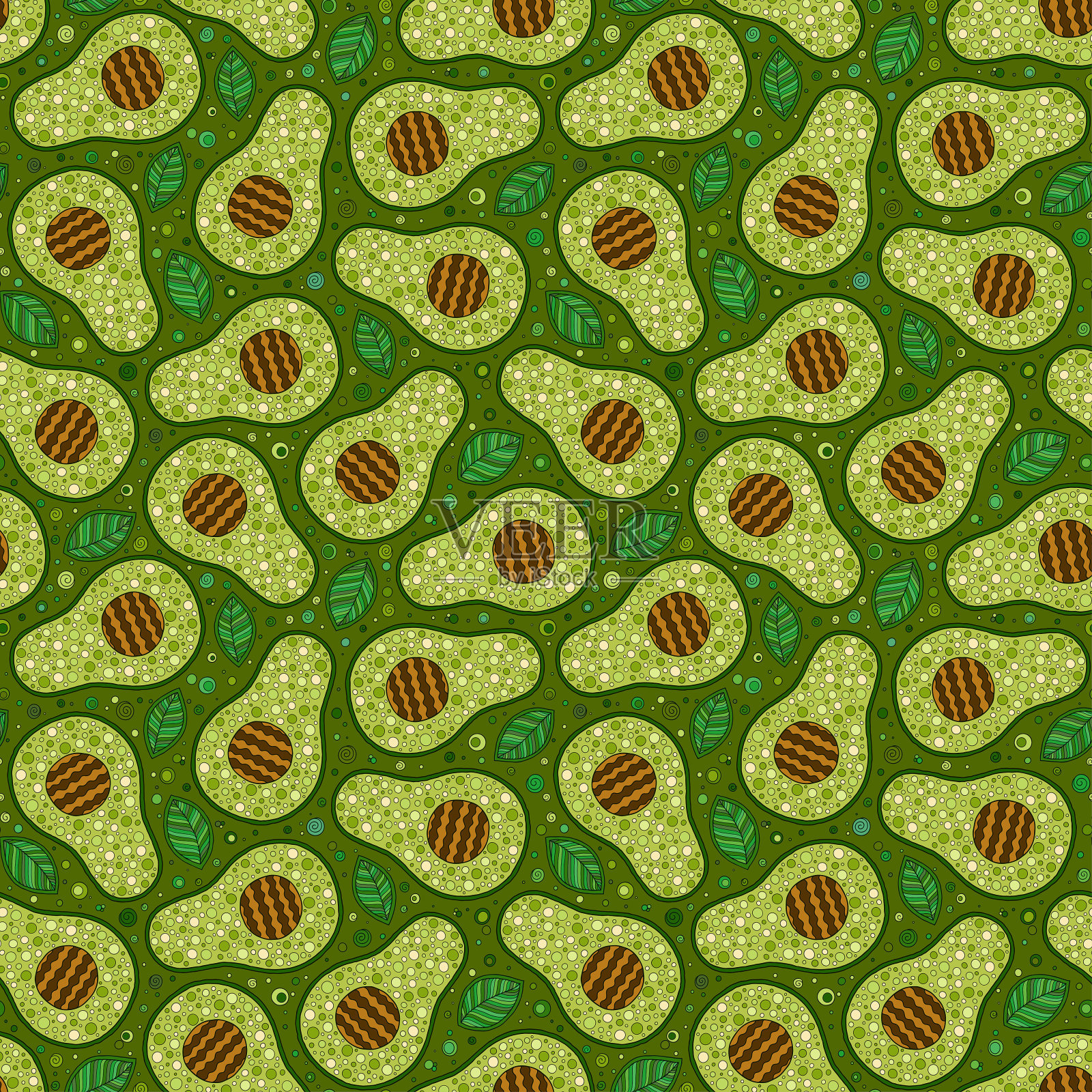 绿色背景上的牛油果卡通无缝图案。插画图片素材