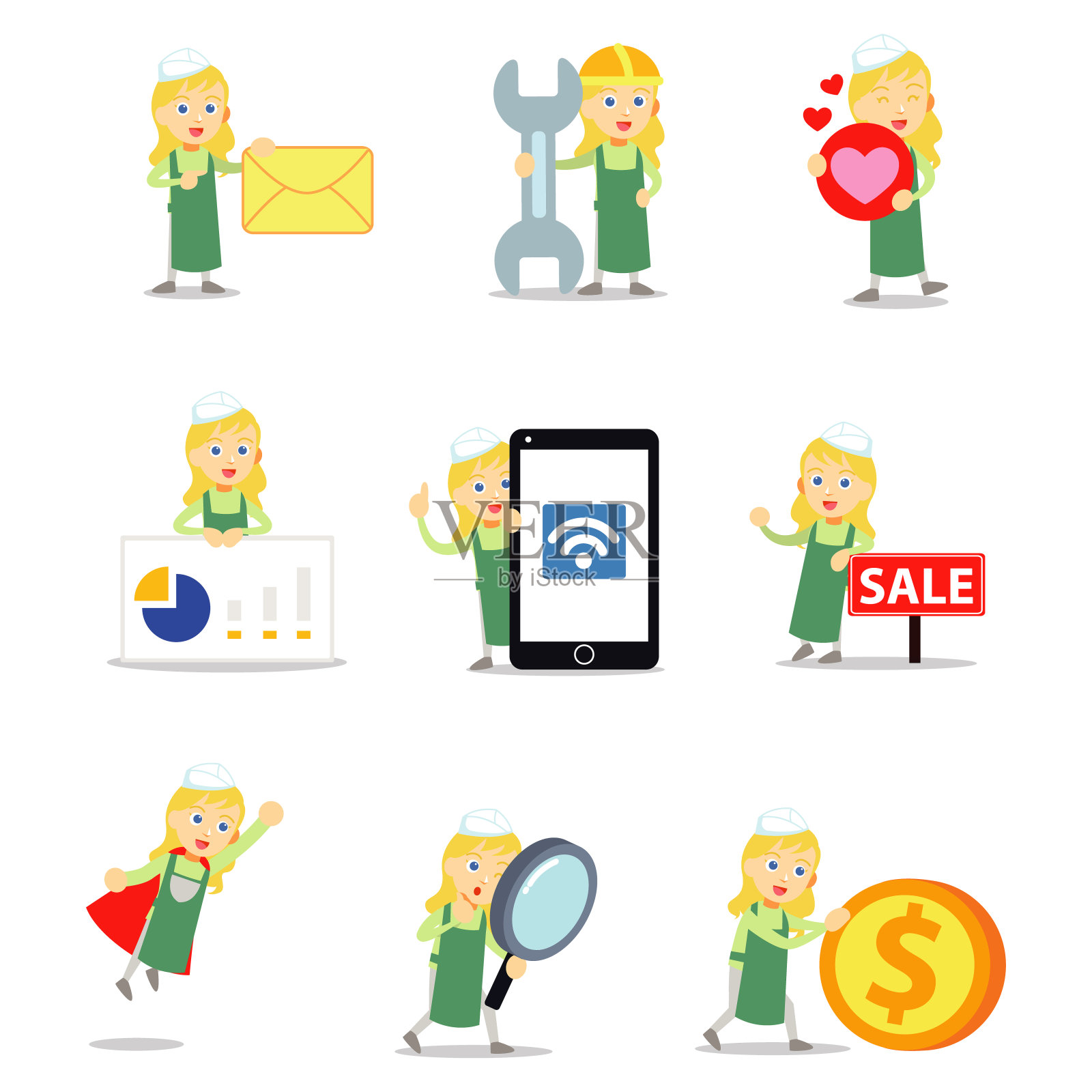 一套工作屠夫妇女在市场插画图片素材