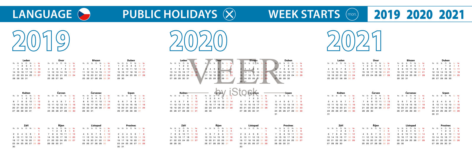 简单的日历模板在捷克为2019年，2020年，2021年。一周从星期一开始。插画图片素材
