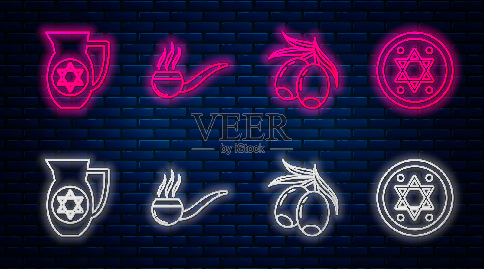 烟管，橄榄枝，带有大卫星和犹太硬币的滗水器。砖墙上发光的霓虹灯图标。向量插画图片素材