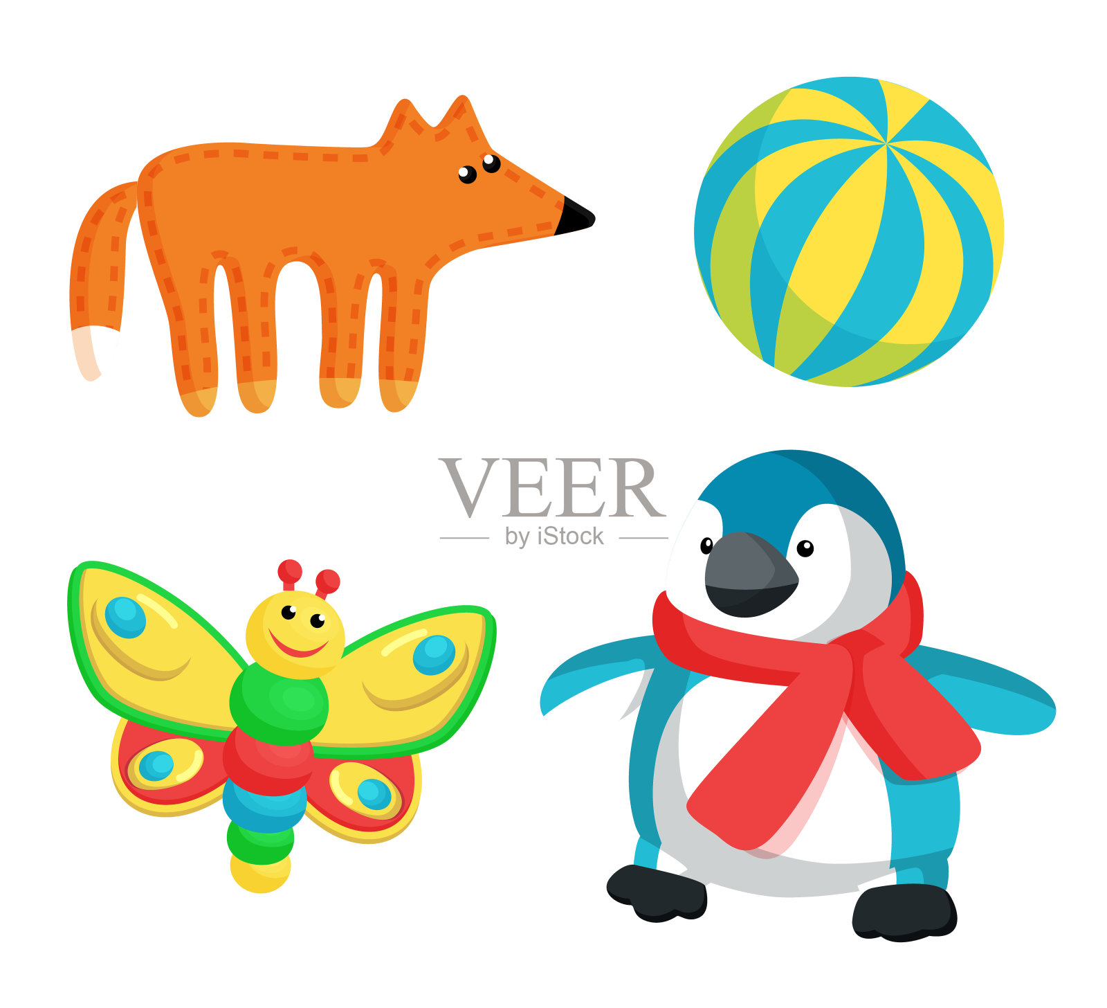 狐狸和蝴蝶玩具设置矢量插图插画图片素材