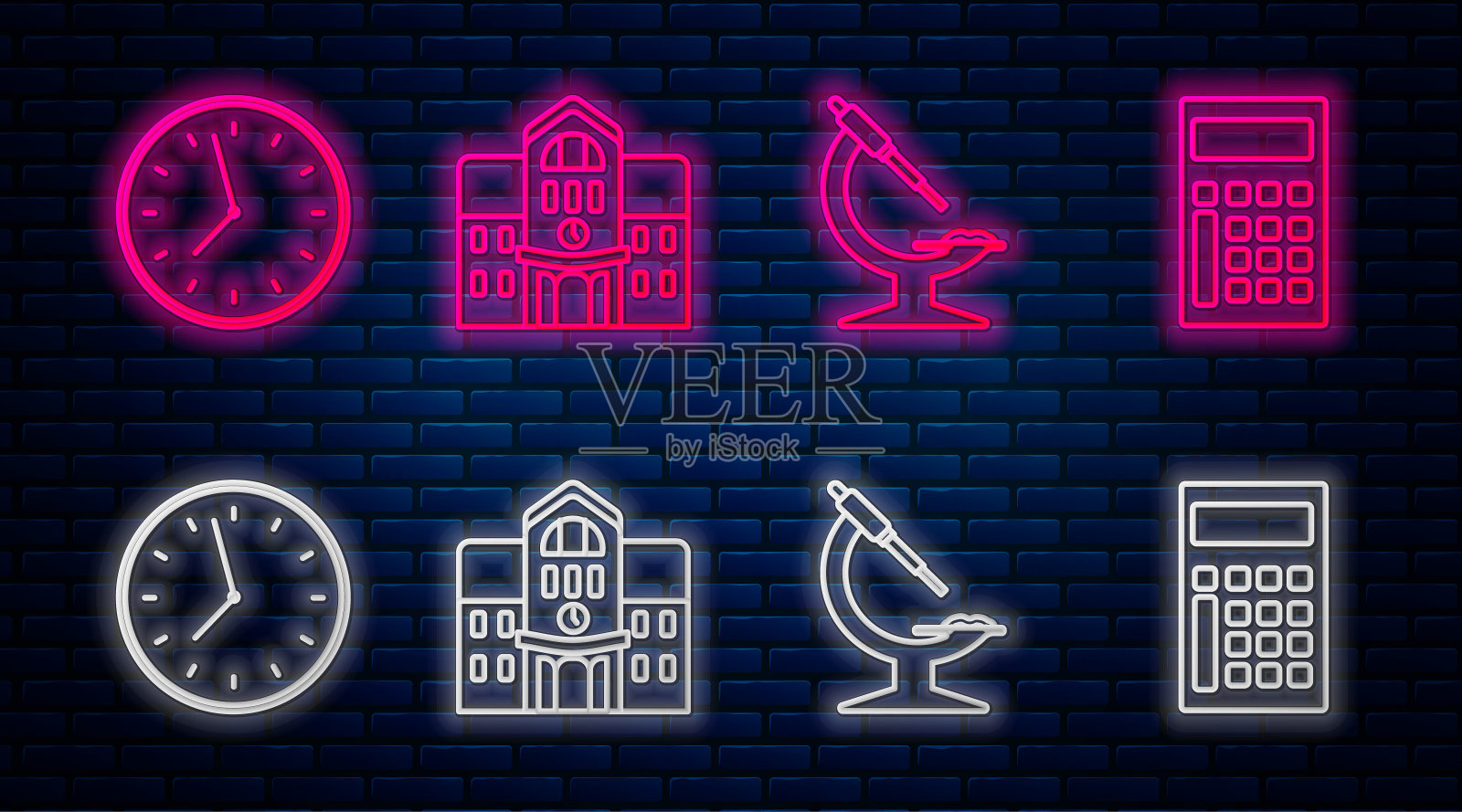 设置线教学楼，显微镜，时钟和计算器。砖墙上发光的霓虹灯图标。向量插画图片素材