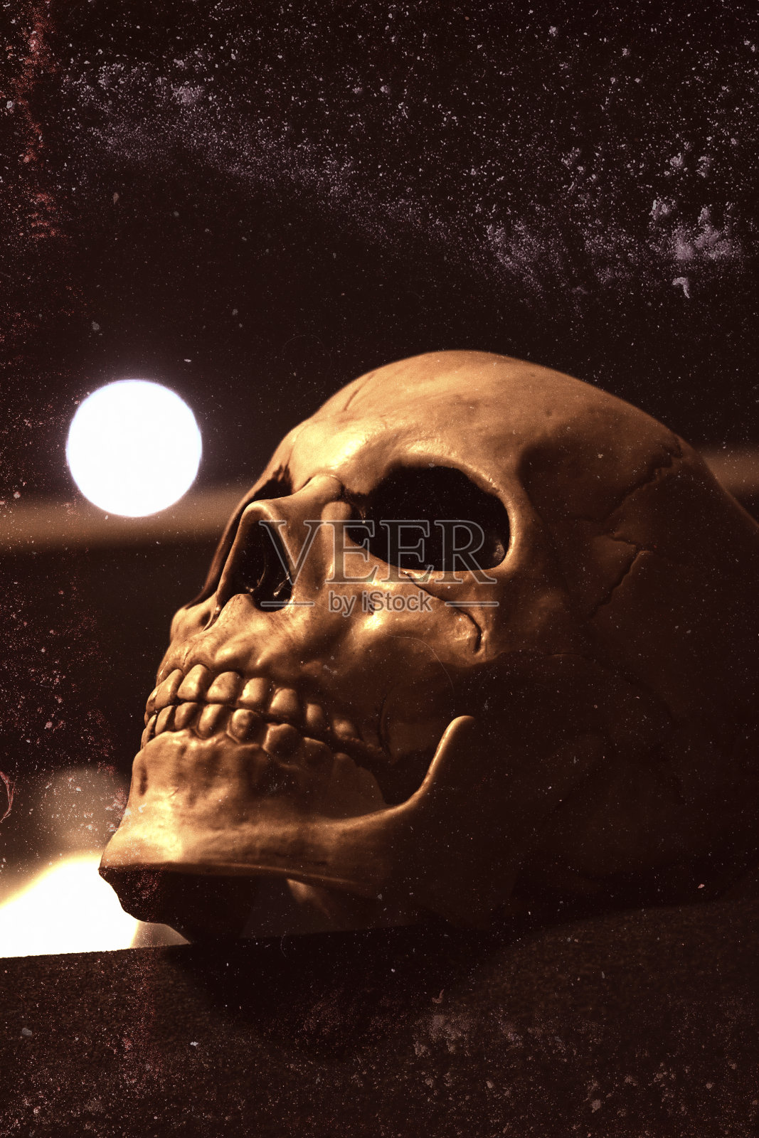 可怕的万圣节恐怖头骨和满月照片摄影图片