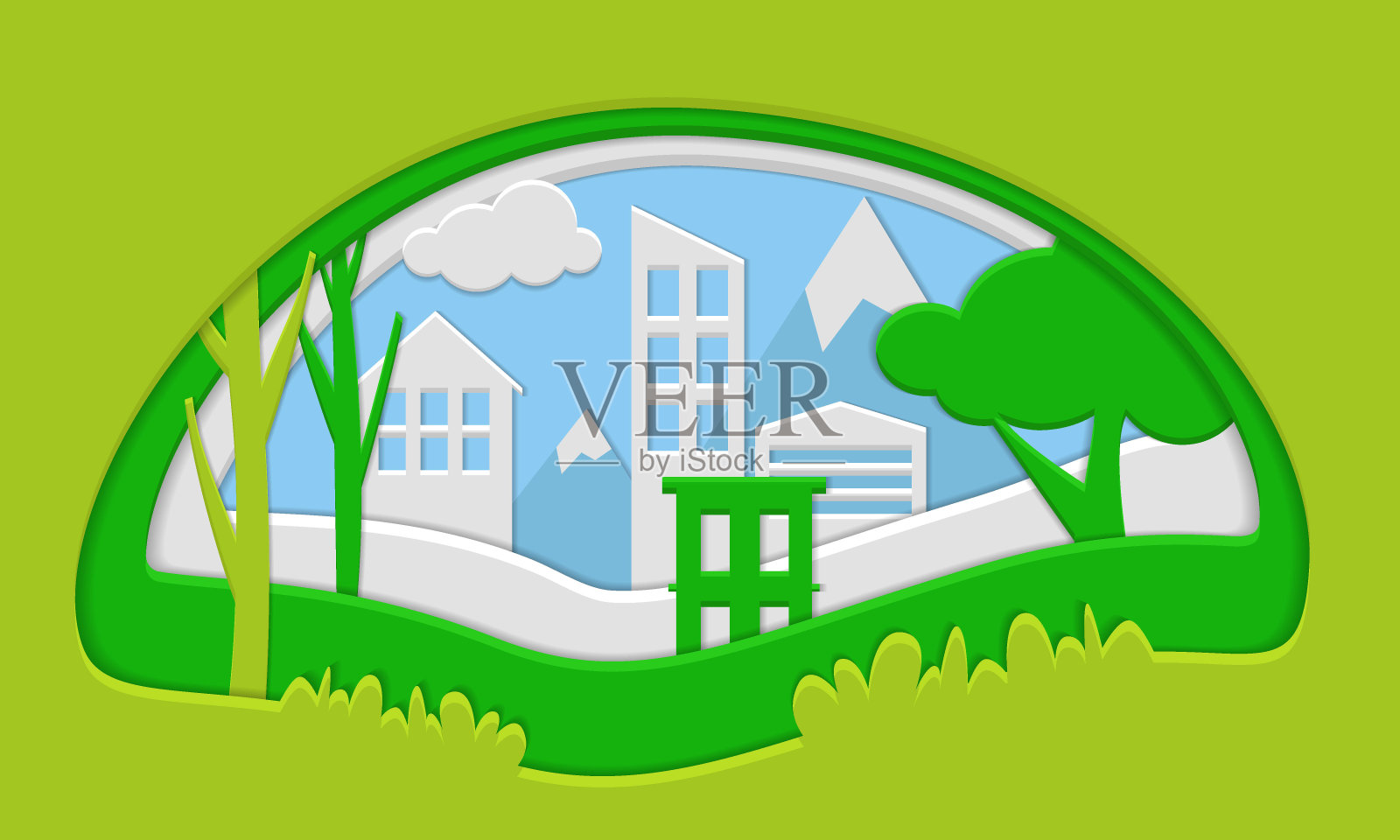 城市和自然的环保理念。剪纸风格插图插画图片素材