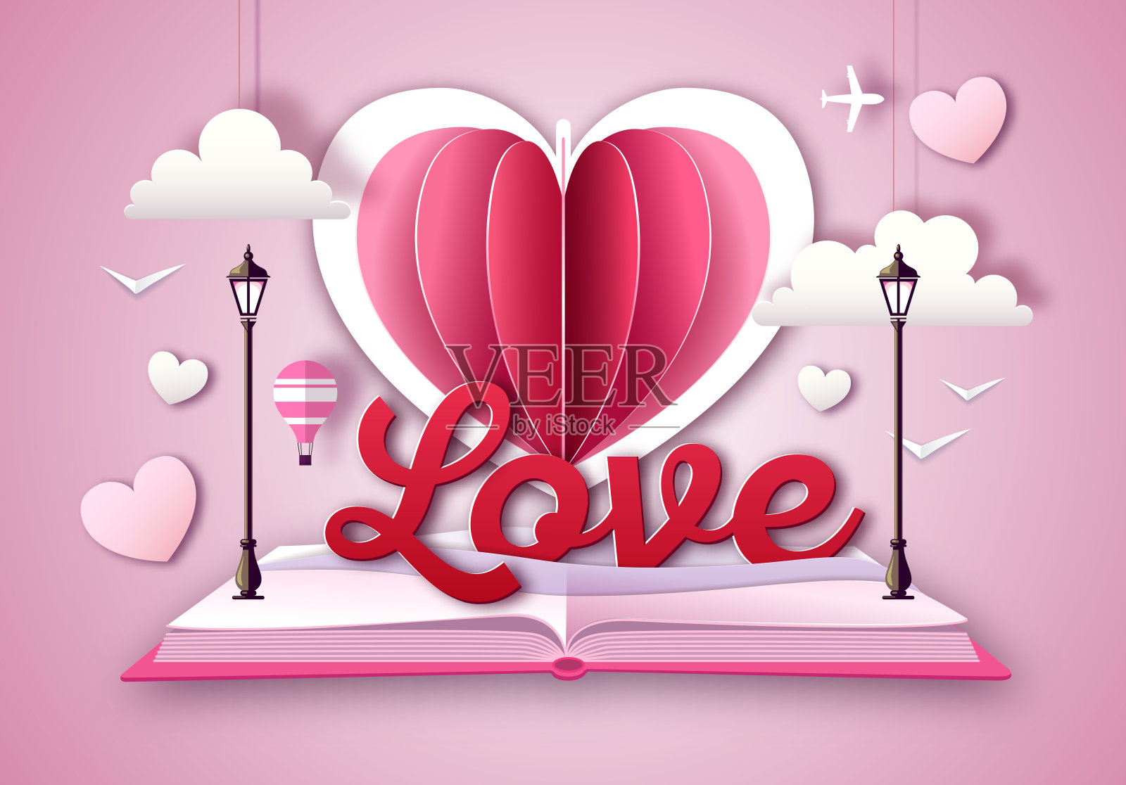 用情人的心打开童话书。情人节快乐的背景。剪纸艺术风格设计插画图片素材