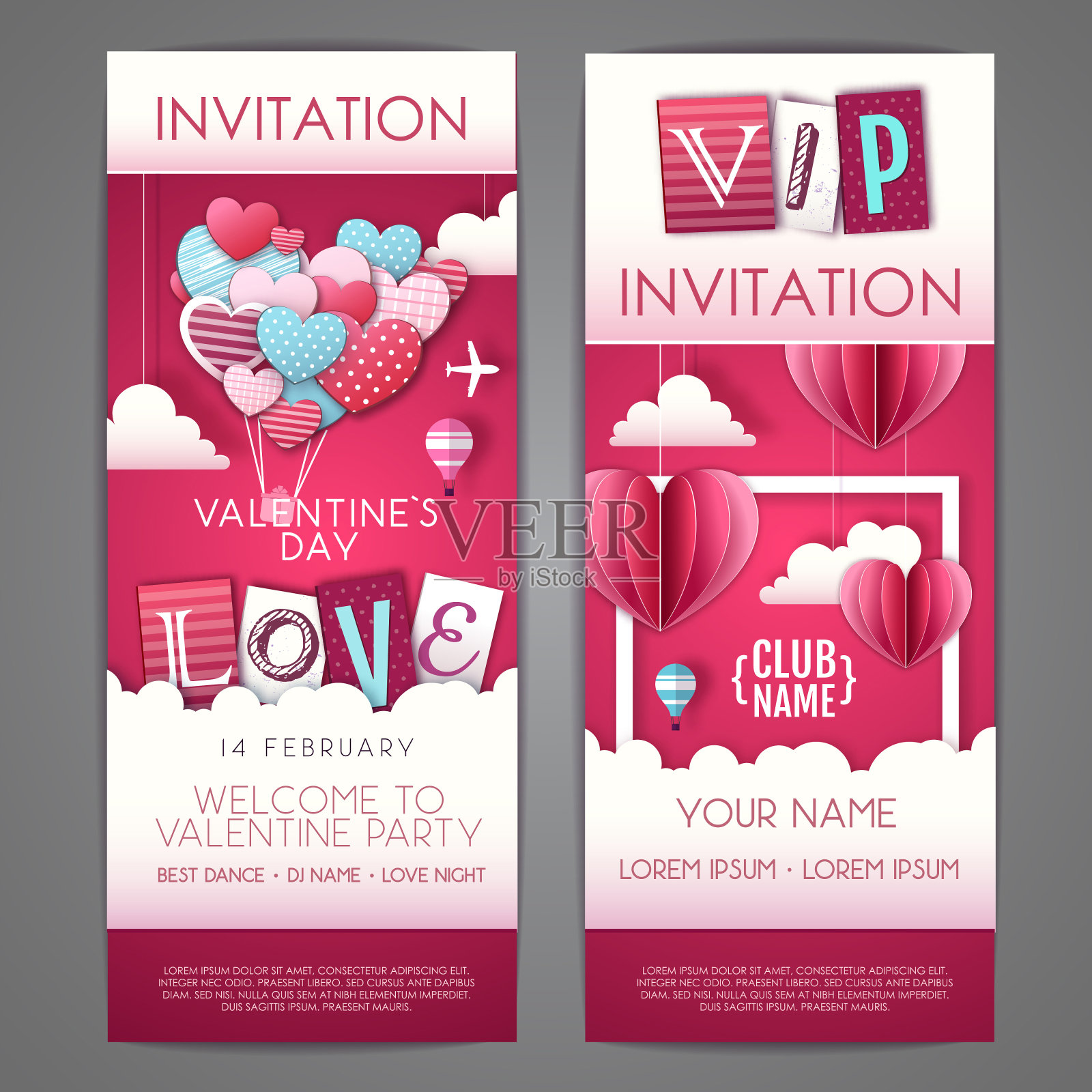 快乐的情人节邀请设计与爱的心在天空。剪纸艺术风格设计设计模板素材