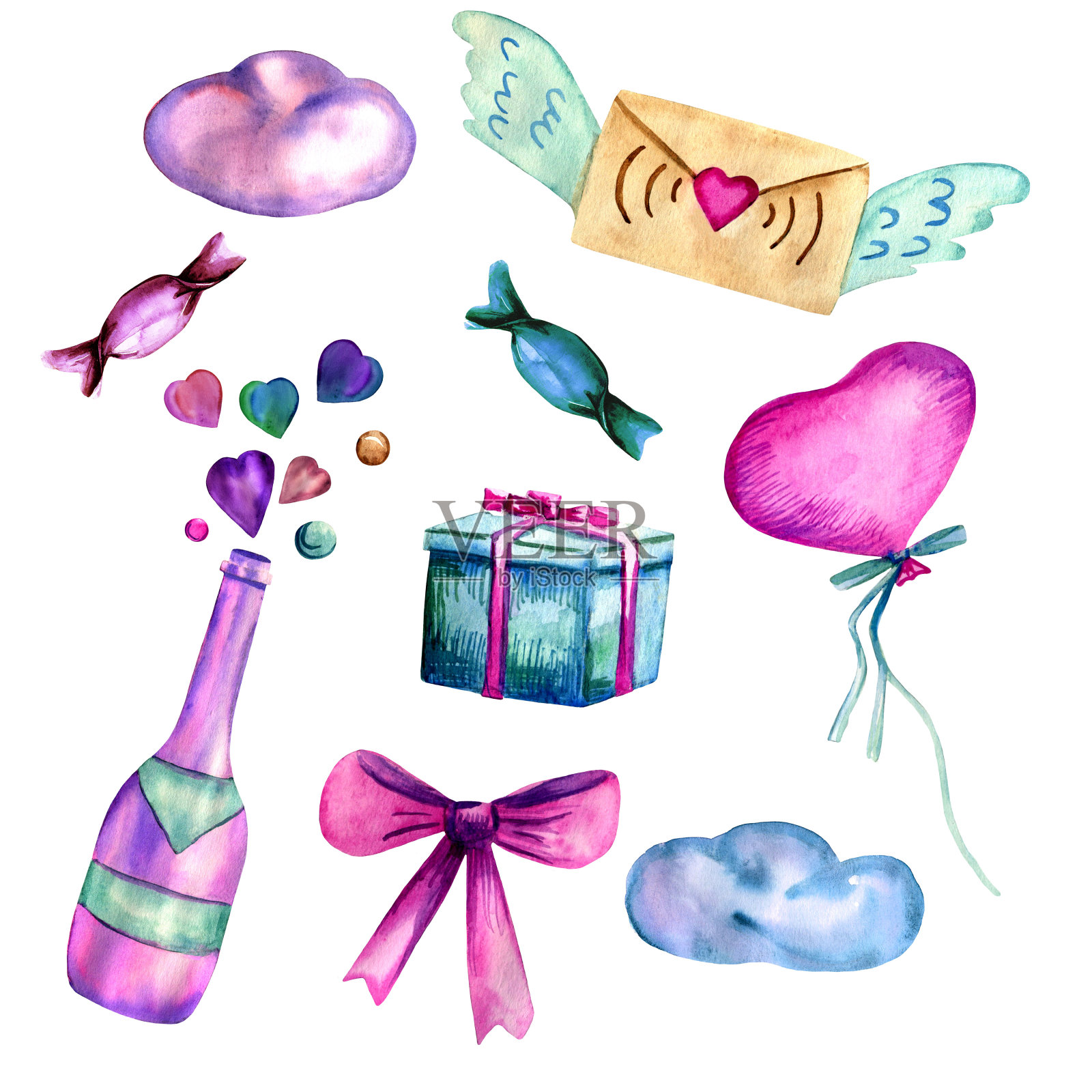 以情人节为主题的手绘水彩画。插画图片素材