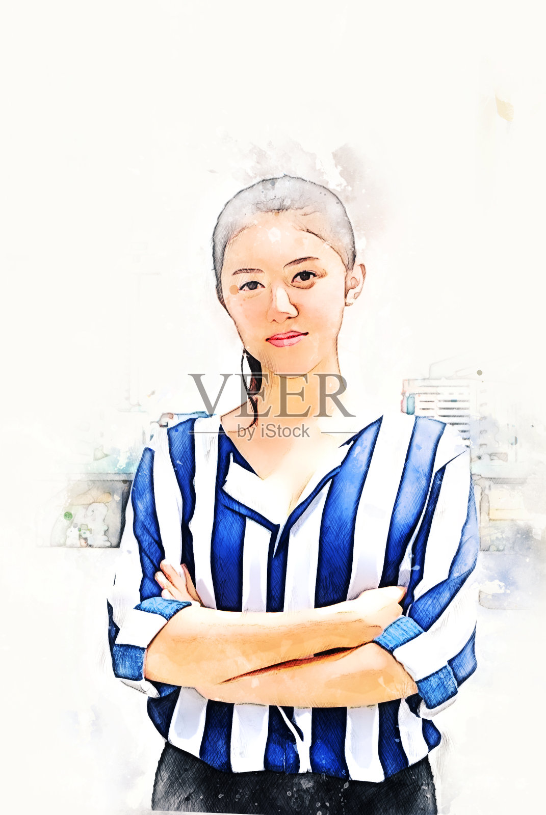 抽象多彩的美丽亚洲女人微笑肖像水彩插画画背景。插画图片素材