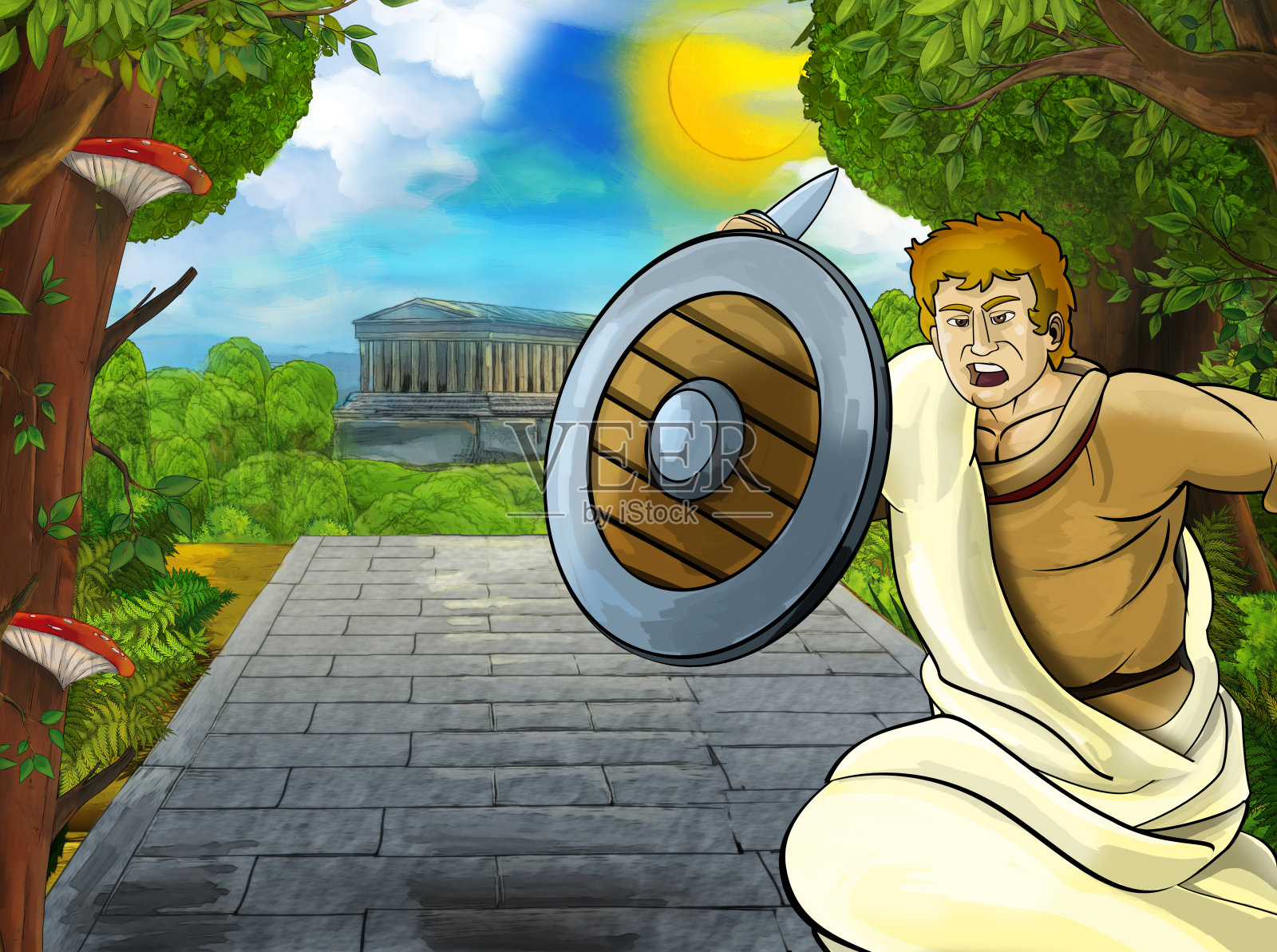 卡通场景与罗马或希腊战士海盗古代人物附近一些古老的建筑，如神庙设计模板素材