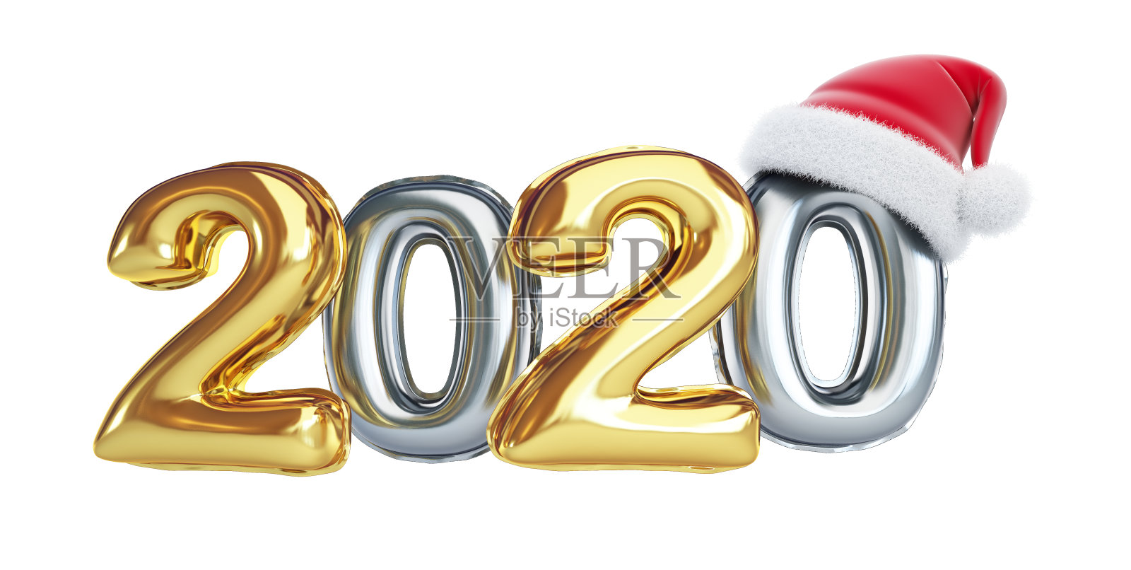 铝箔气球2020金色新年圣诞帽白色背景3D插图，3D渲染照片摄影图片