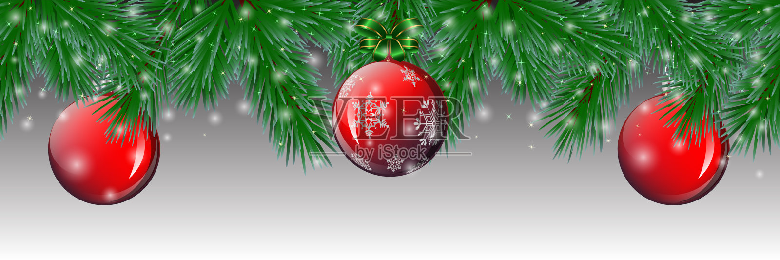 圣诞节无缝图案(边界)与松树枝和红球。插画图片素材