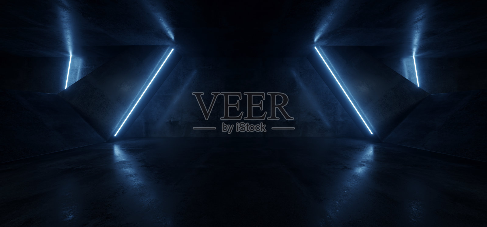 黑暗混凝土未来科幻外星人宇宙飞船隧道地下蓝色激光霓虹现代空夜背景3D渲染照片摄影图片