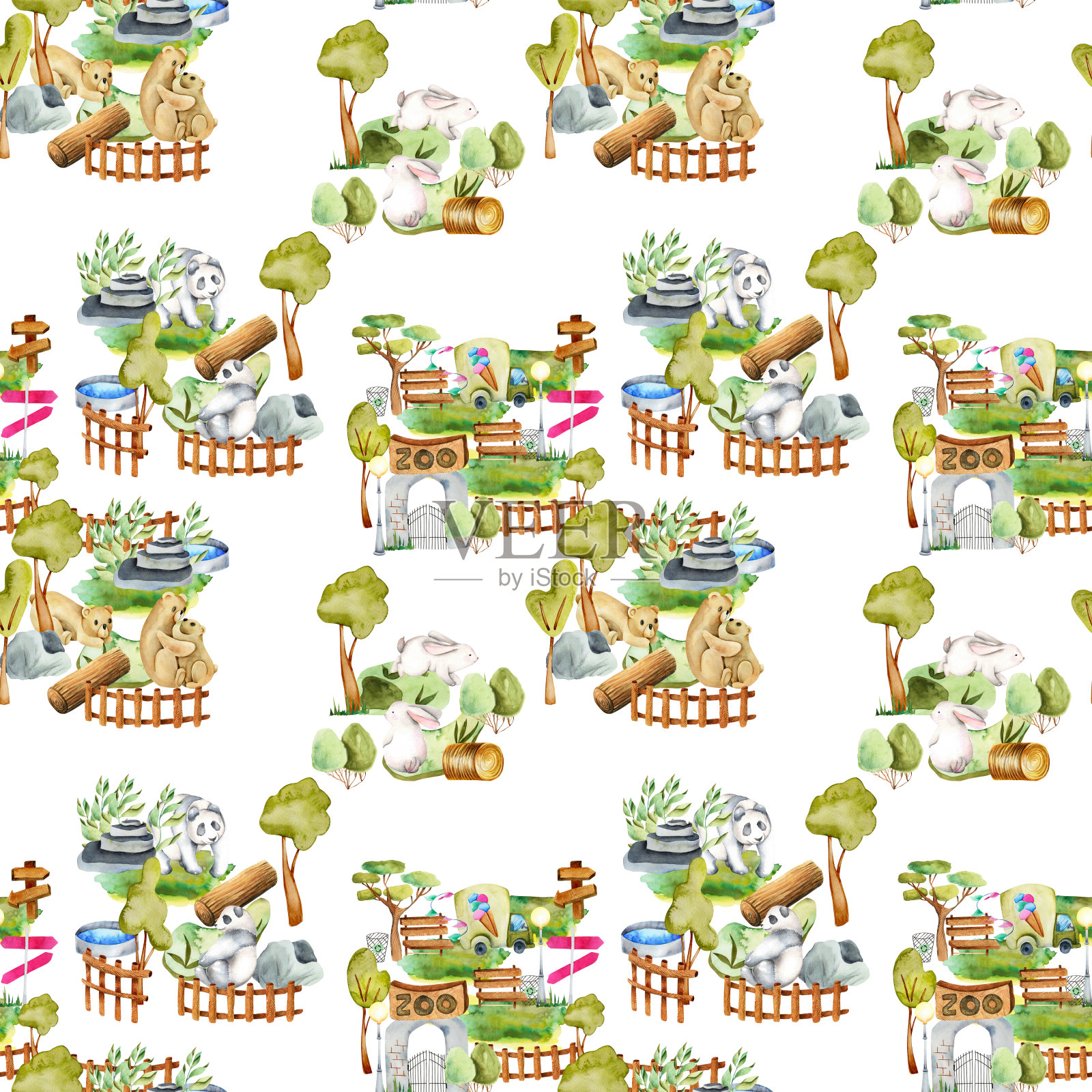 水彩画熊，熊猫和兔子在动物园无缝图案，手绘在白色的背景插画图片素材