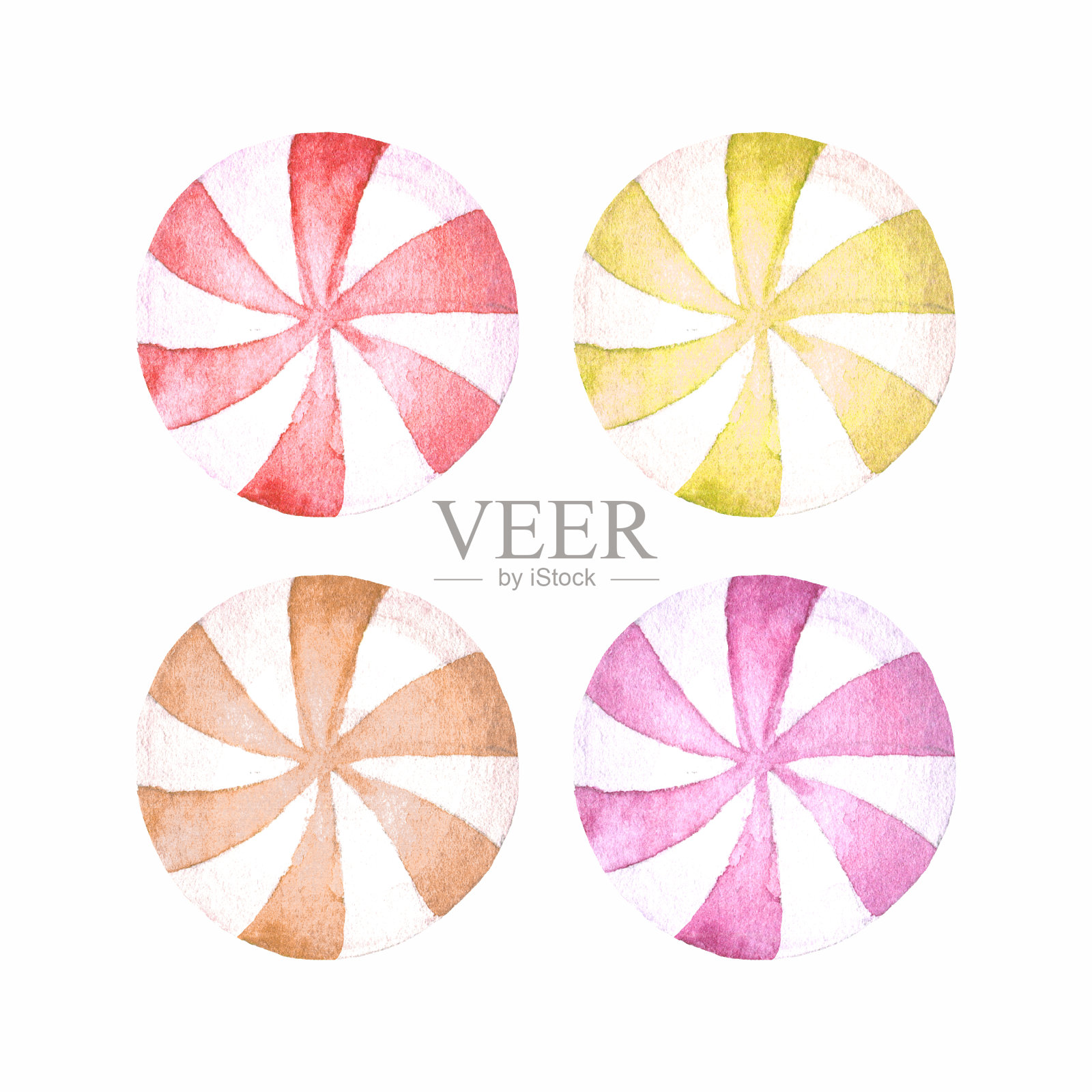 一套水彩条纹薄荷糖。圆的漩涡糖果。手绘元素的设计孤立在白色背景插画图片素材