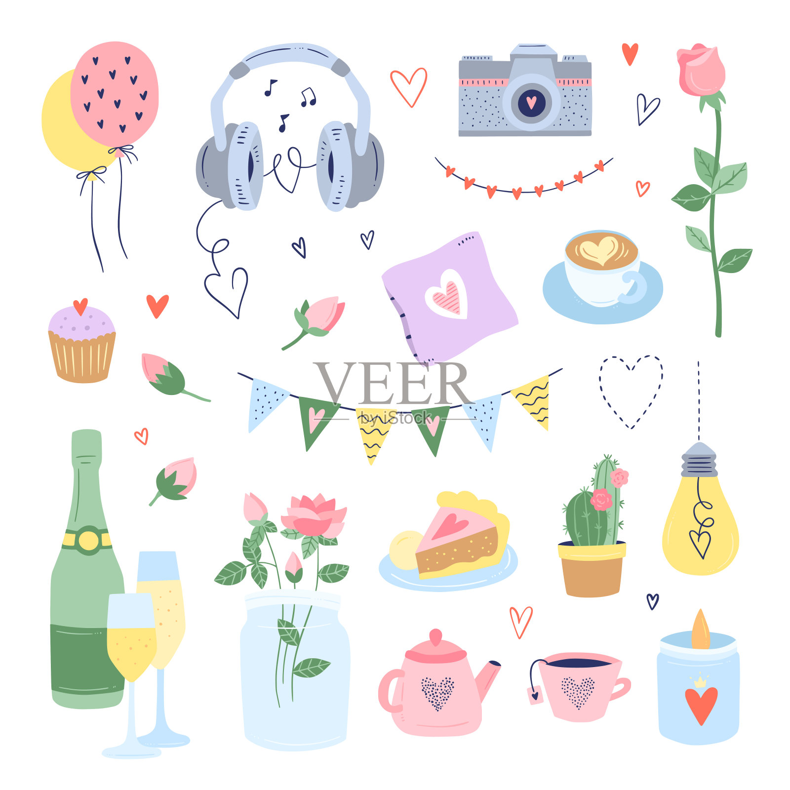 浪漫的矢量插图设置在白色的背景。温柔的爱的对象和象征。为庆祝圣瓦伦丁节和婚礼而收集的图形插画图片素材