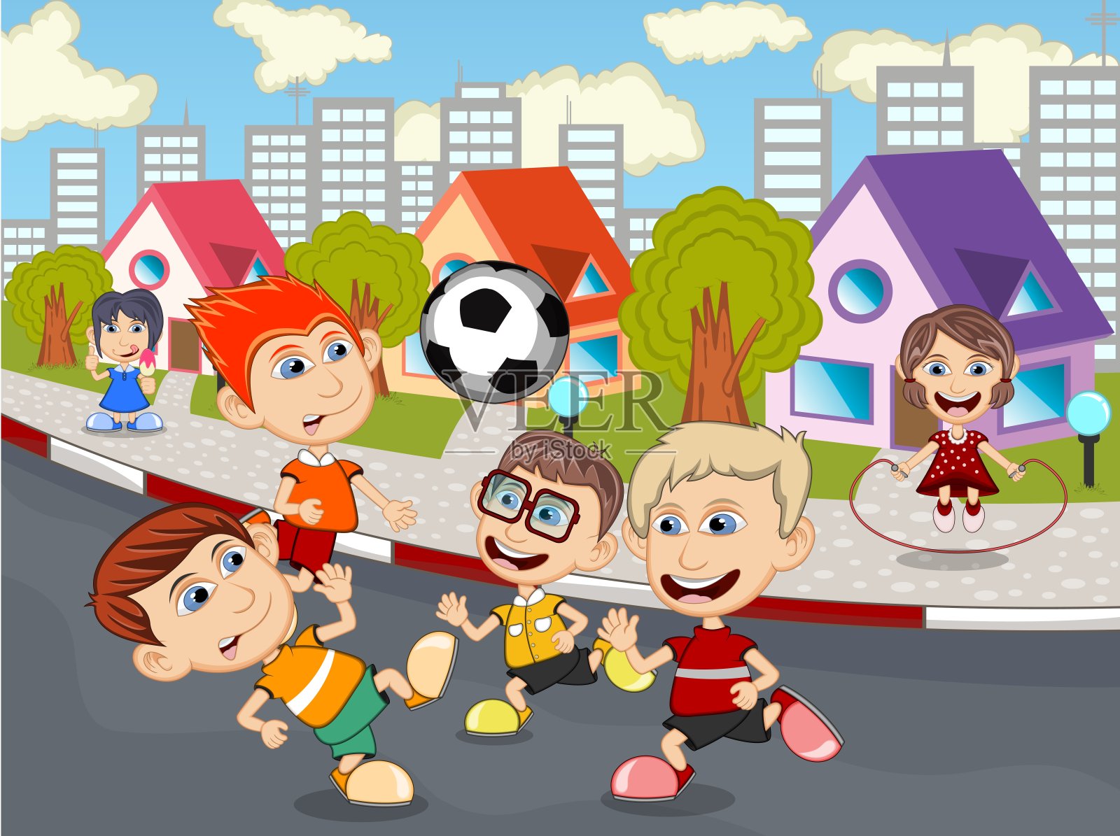 孩子们在街上玩矢量漫画插图插画图片素材