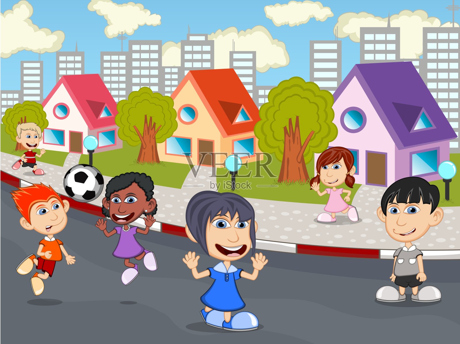 孩子们在街上玩矢量漫画插图插画图片素材